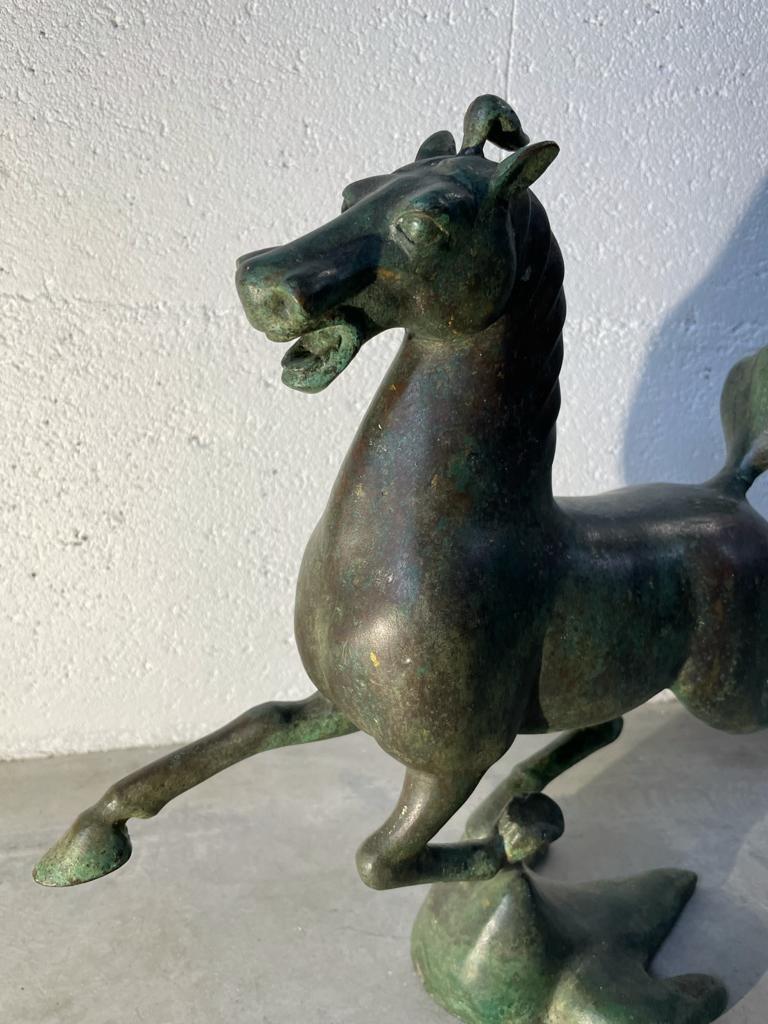 Asian Antique Green Patina Bronze the Flying Horse of Ganzu Period, Early 20th Century For Sale