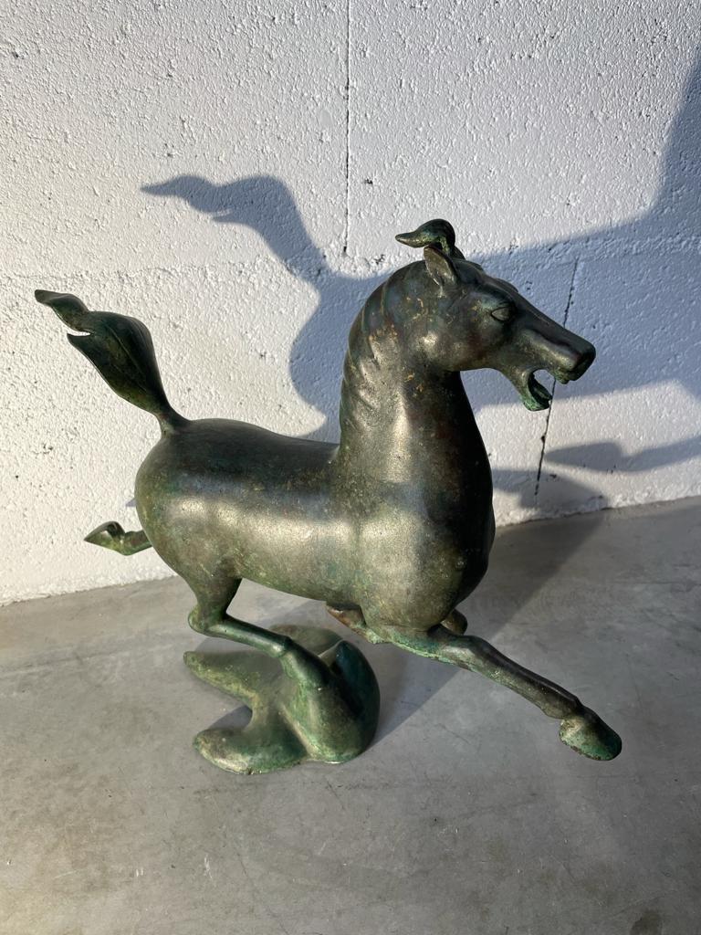 Patinated Antique Green Patina Bronze the Flying Horse of Ganzu Period, Early 20th Century For Sale