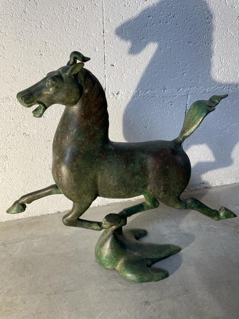 Antique Green Patina Bronze the Flying Horse of Ganzu Period, Early 20th Century For Sale 2