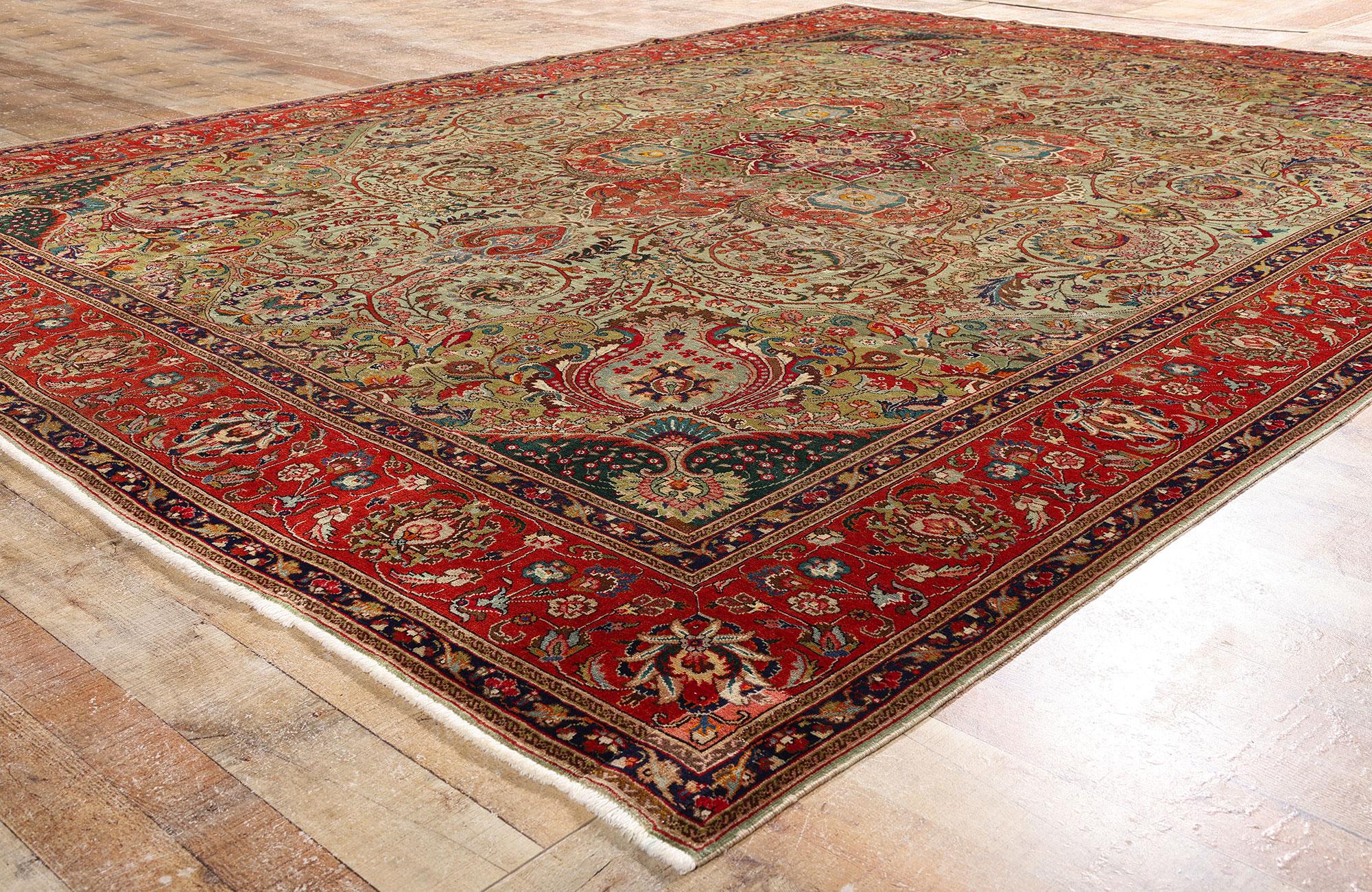 Antigua alfombra persa tabriz verde de estilo tradicional Lana en venta