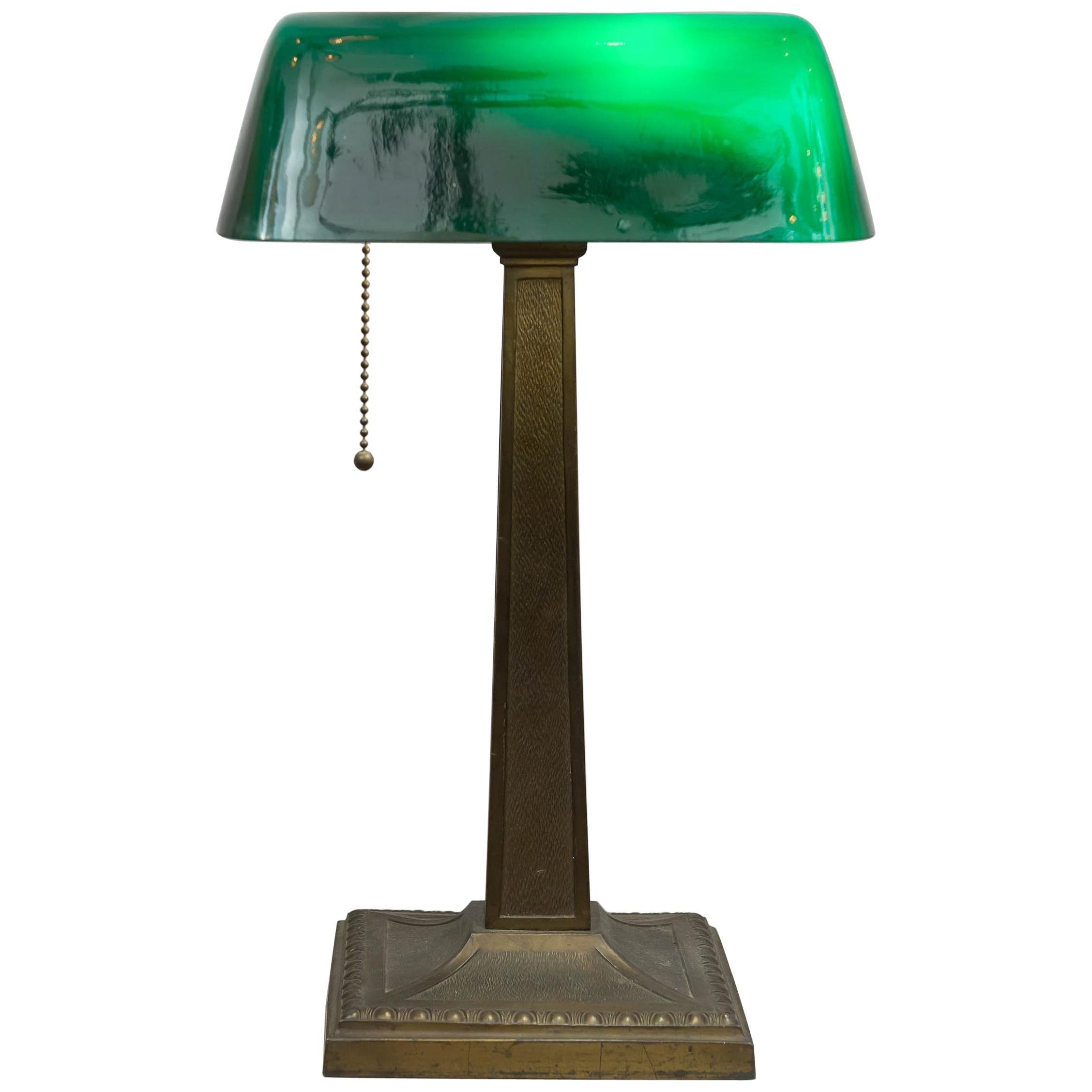 Antique Green Shade Banker's Lamp, Signed Amronlite