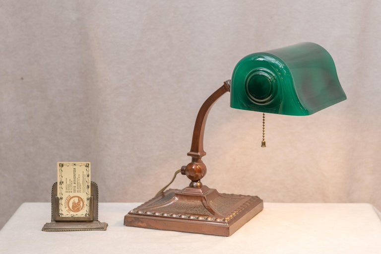 Antique Green Shade Banker's Lamp, Signed Verdelite at 1stDibs