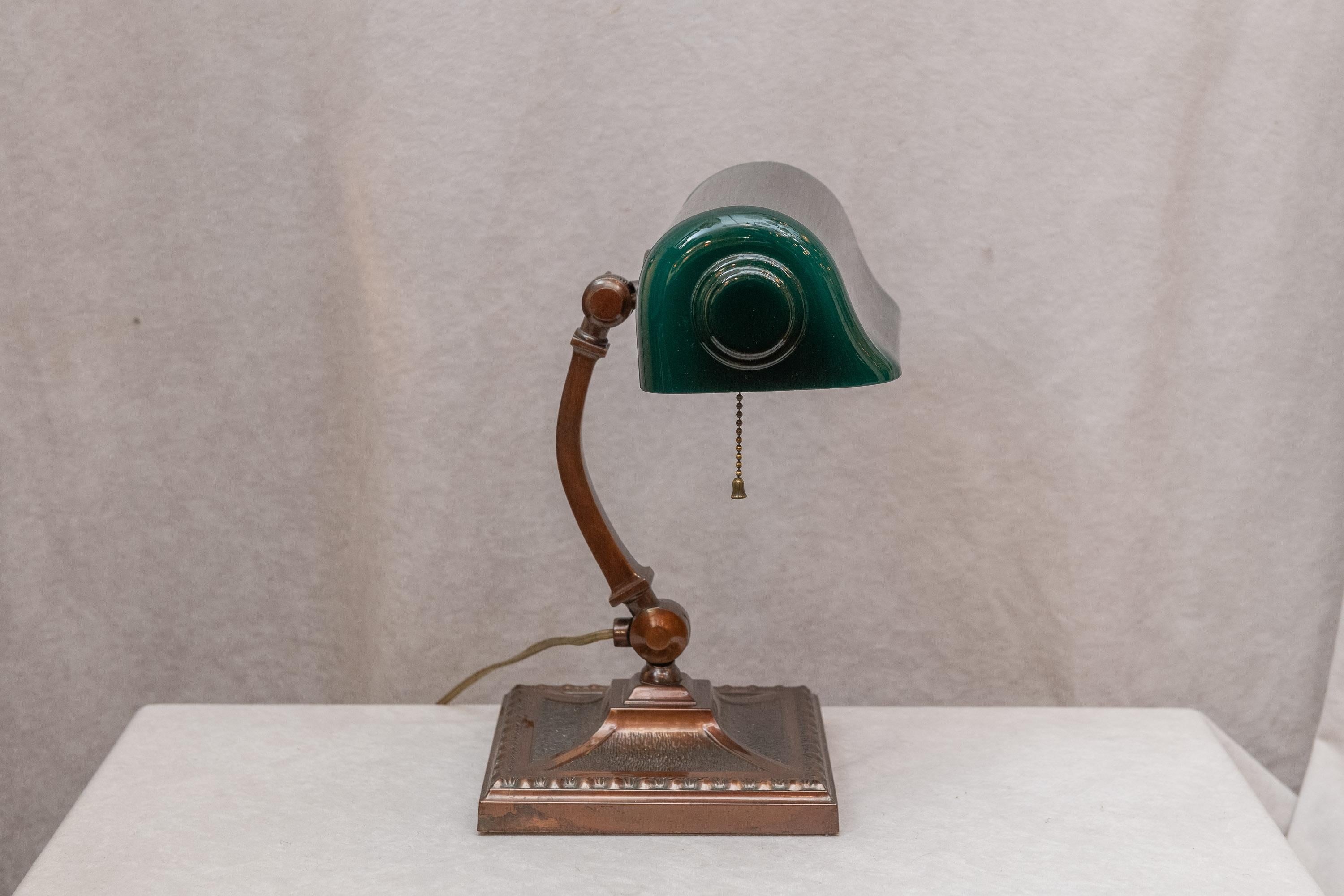 American Antique Green Shade Banker's Lamp, Signed Verdelite