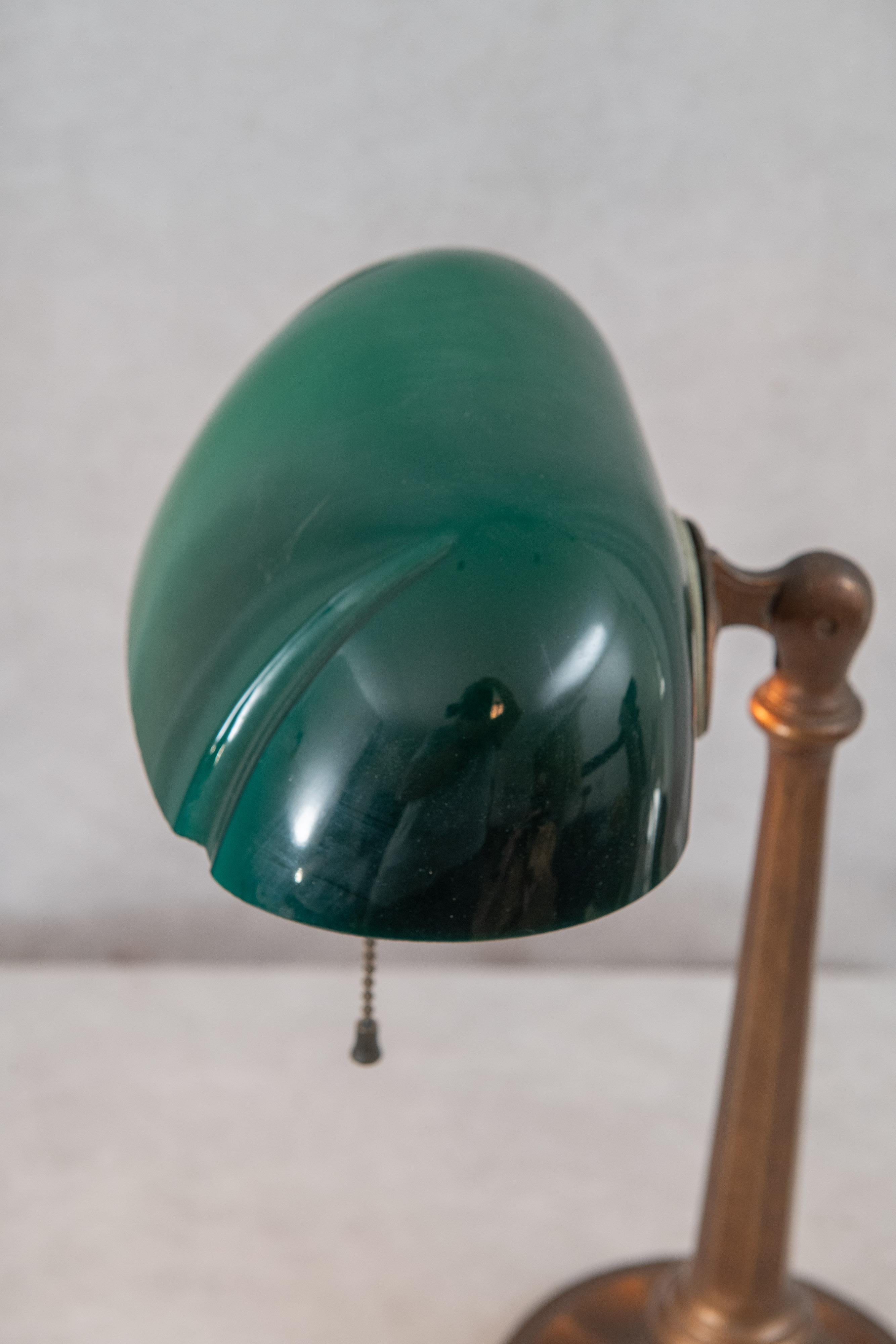 Patinated Antique Green Shaded Banker's Lamp, ca 1920