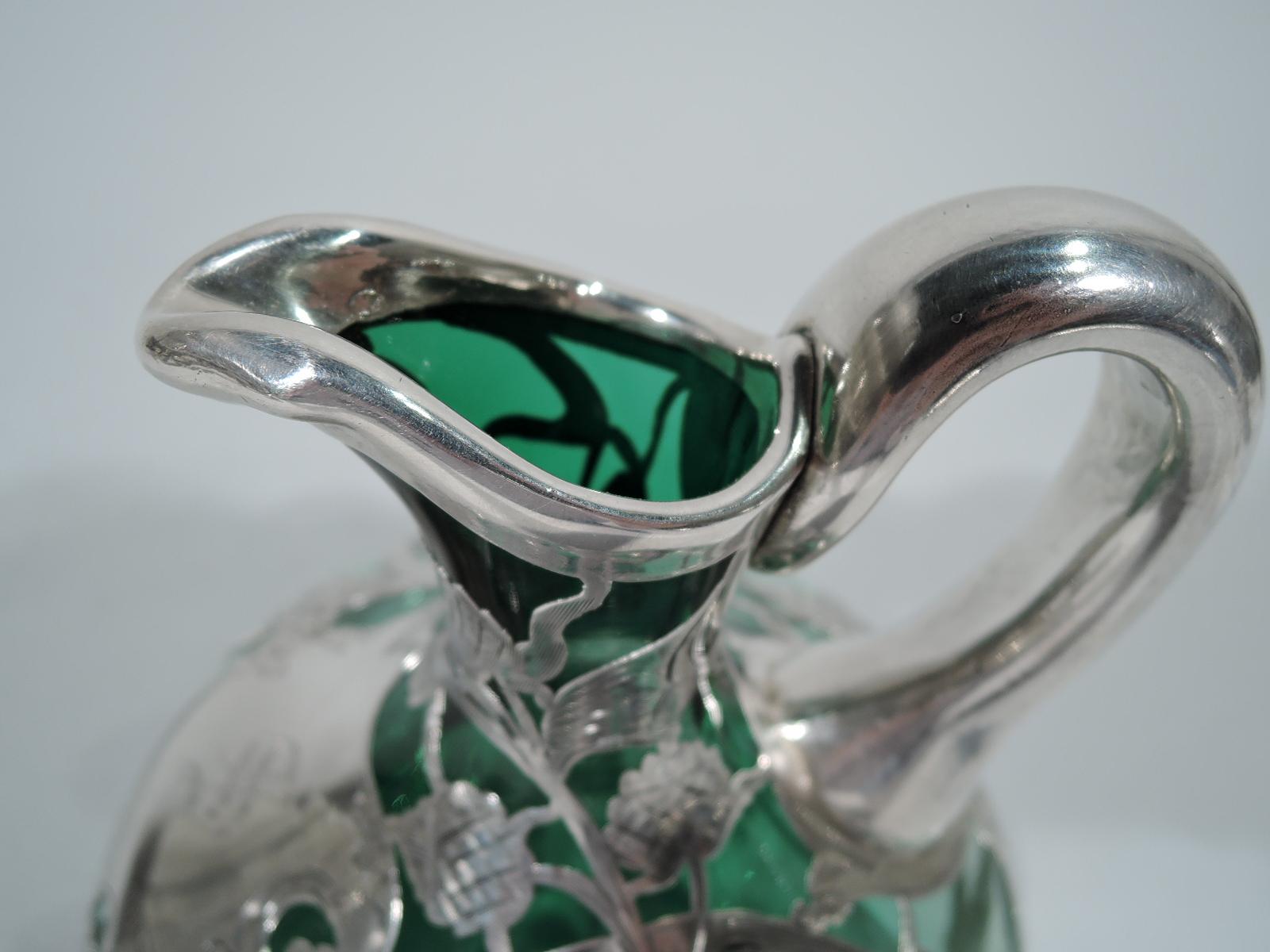 Art Nouveau Antique Green-Shading-to-Clear Glass Silver Overlay Whiskey Decanter