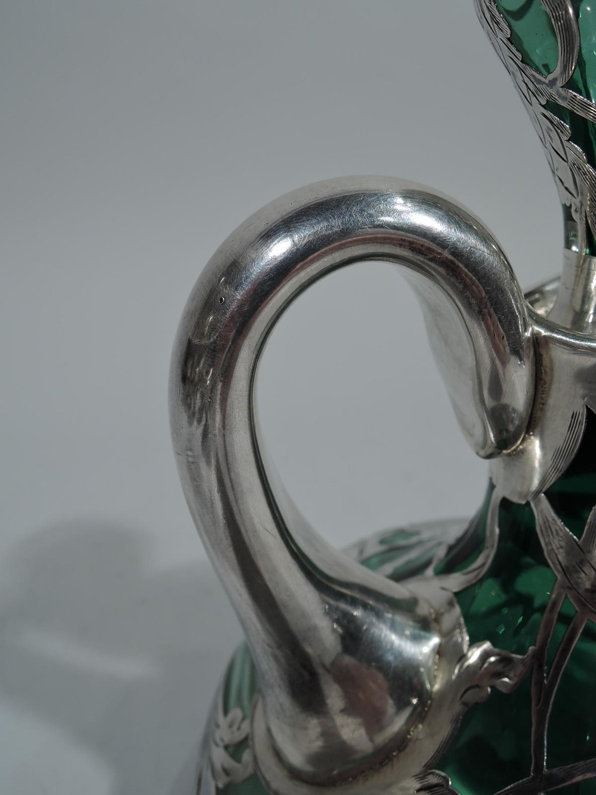 American Antique Green-Shading-to-Clear Glass Silver Overlay Whiskey Decanter