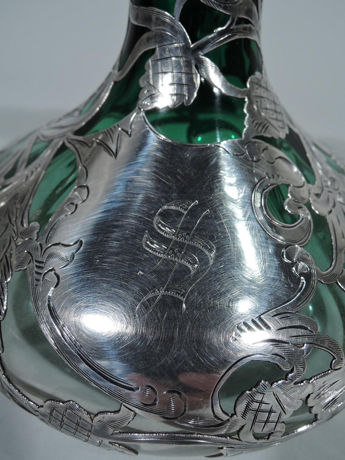 Antique Green-Shading-to-Clear Glass Silver Overlay Whiskey Decanter In Excellent Condition In New York, NY