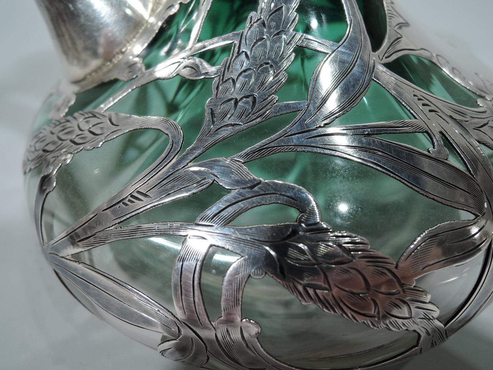 20th Century Antique Green-Shading-to-Clear Glass Silver Overlay Whiskey Decanter