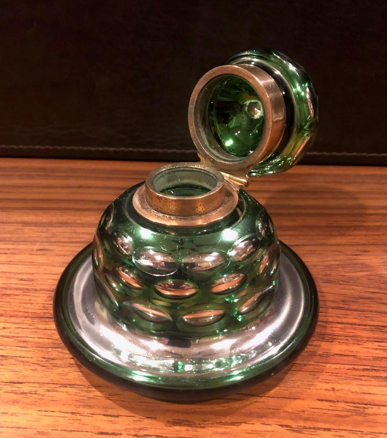 Art Nouveau Antique Green & Silver Mercury Glass Inkwell by W. Lund of London For Sale