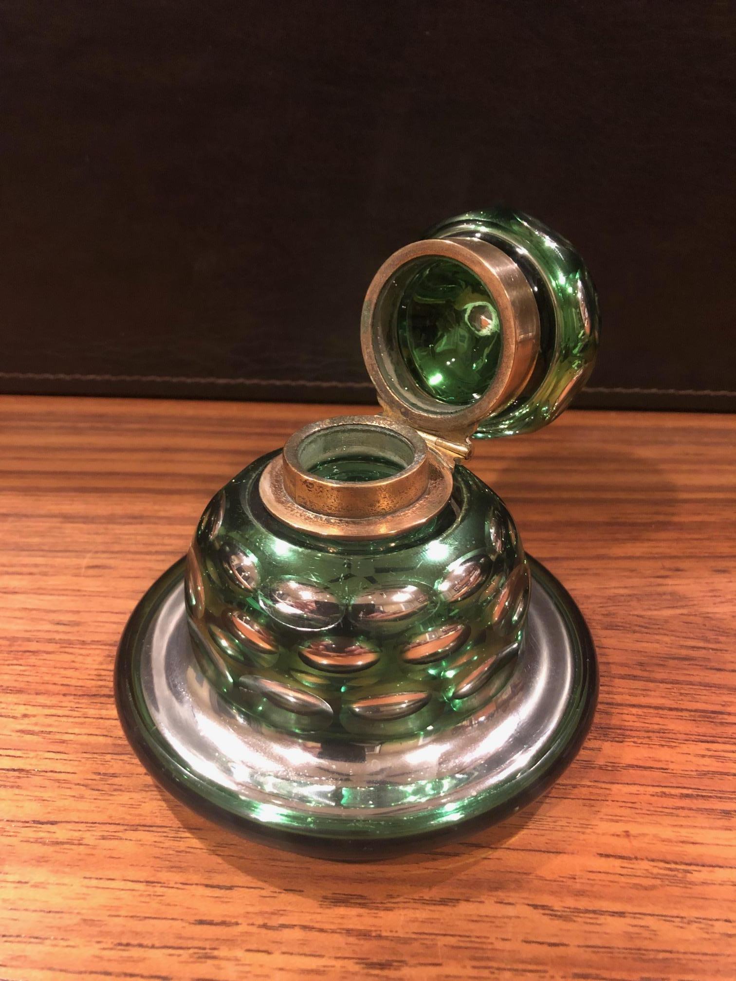 English Antique Green & Silver Mercury Glass Inkwell by W. Lund of London For Sale