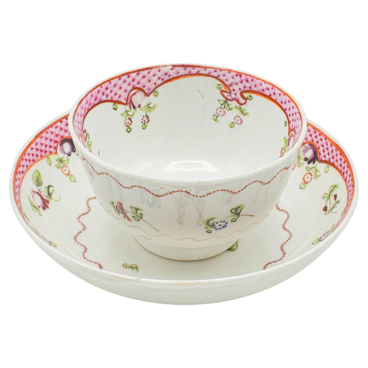 Antiguo Dúo para Tomar Té Verde, Japonés, Cerámica, Taza y Platillo, Victoriano, 1900