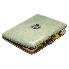 Antique Green Textured Leather Wrapped Swan Motif Sterling Cigarette Case