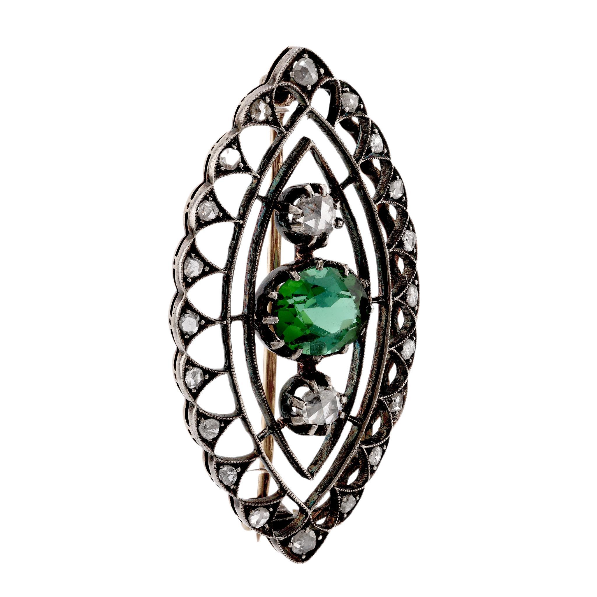 Oval Cut Antique Green Tourmaline Diamond 18K Yellow Gold Silver Brooch For Sale