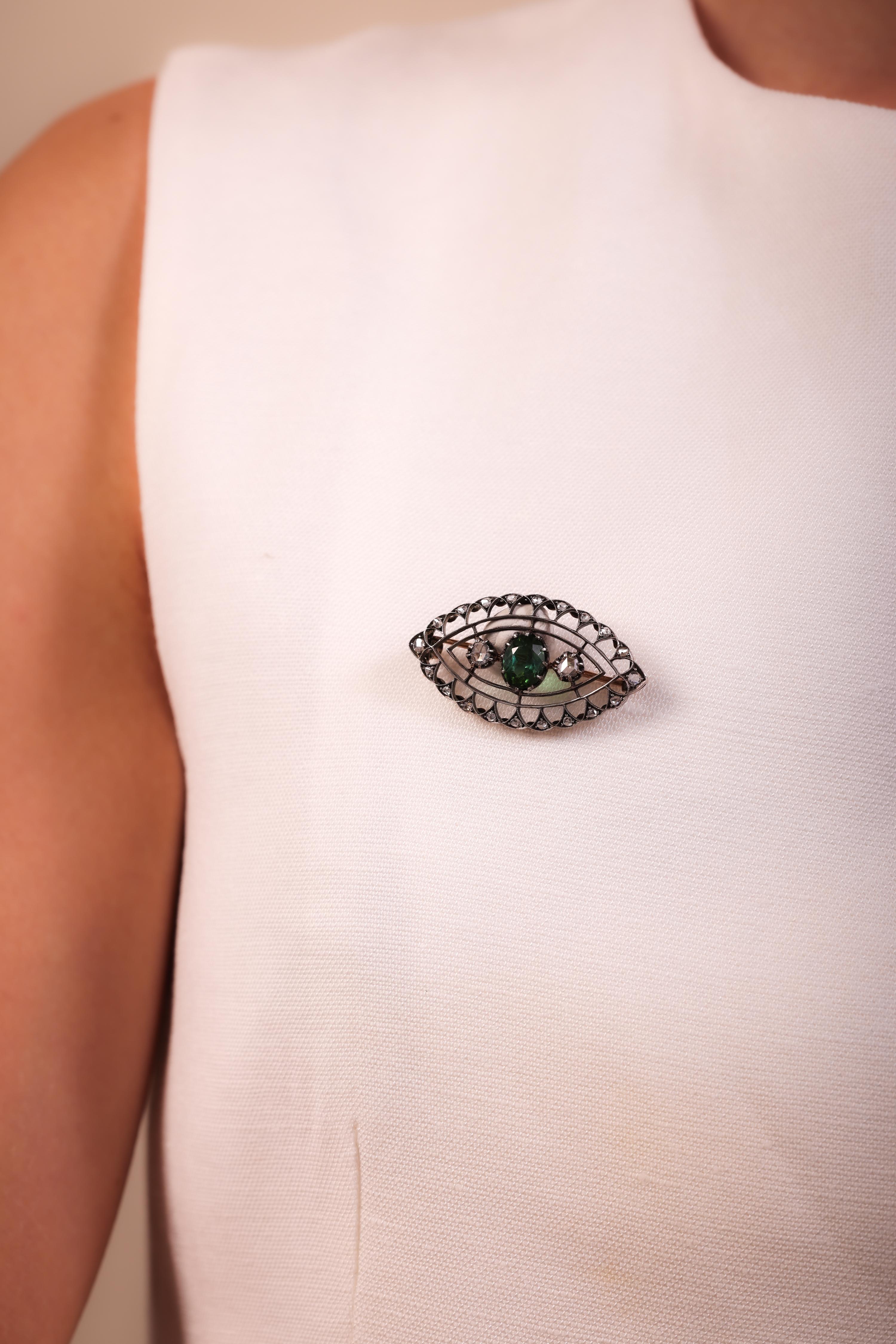 Antique Green Tourmaline Diamond 18K Yellow Gold Silver Brooch In Excellent Condition For Sale In Beverly Hills, CA