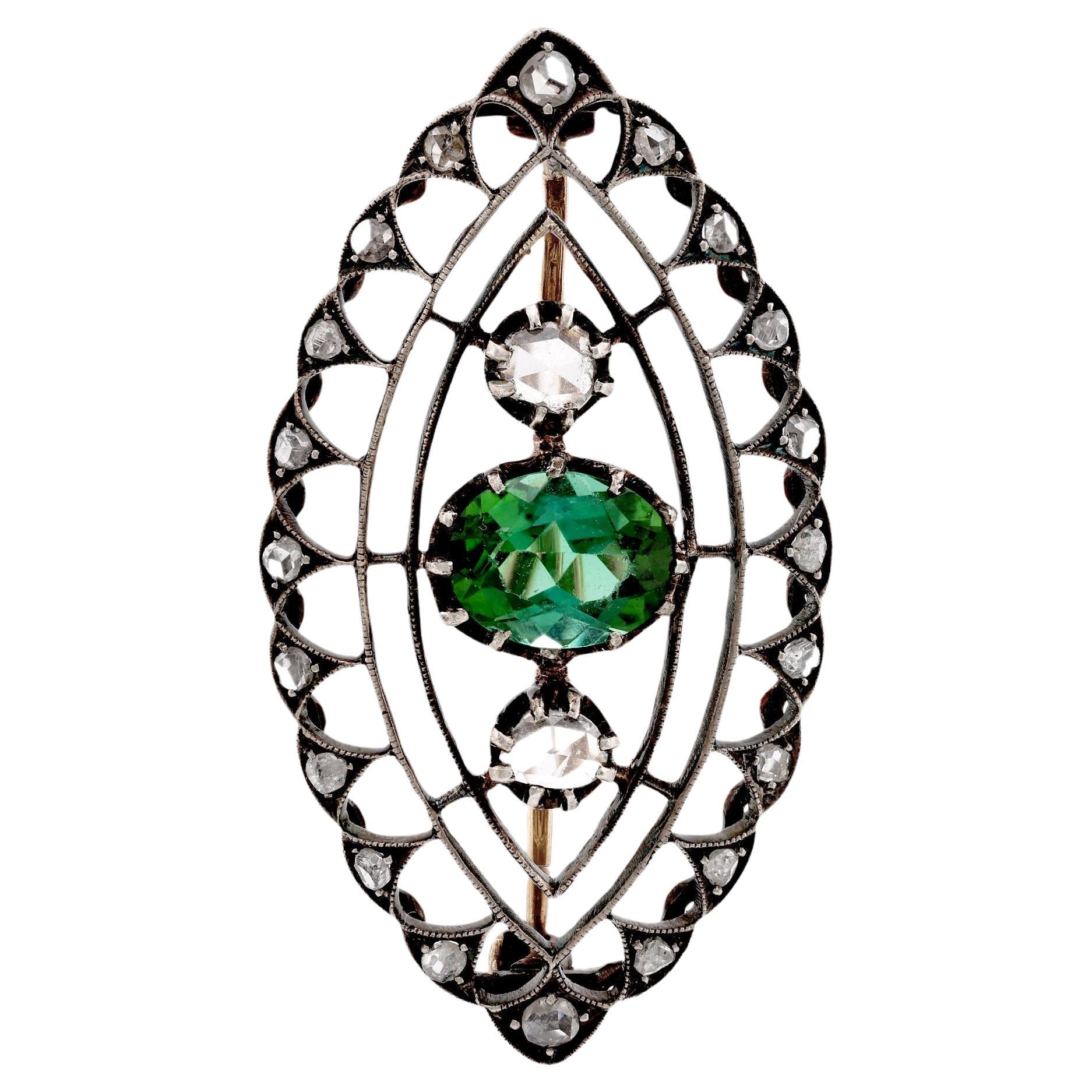 Antique Green Tourmaline Diamond 18K Yellow Gold Silver Brooch