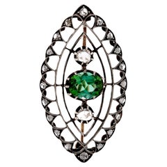 Antique Green Tourmaline Diamond 18K Yellow Gold Silver Brooch