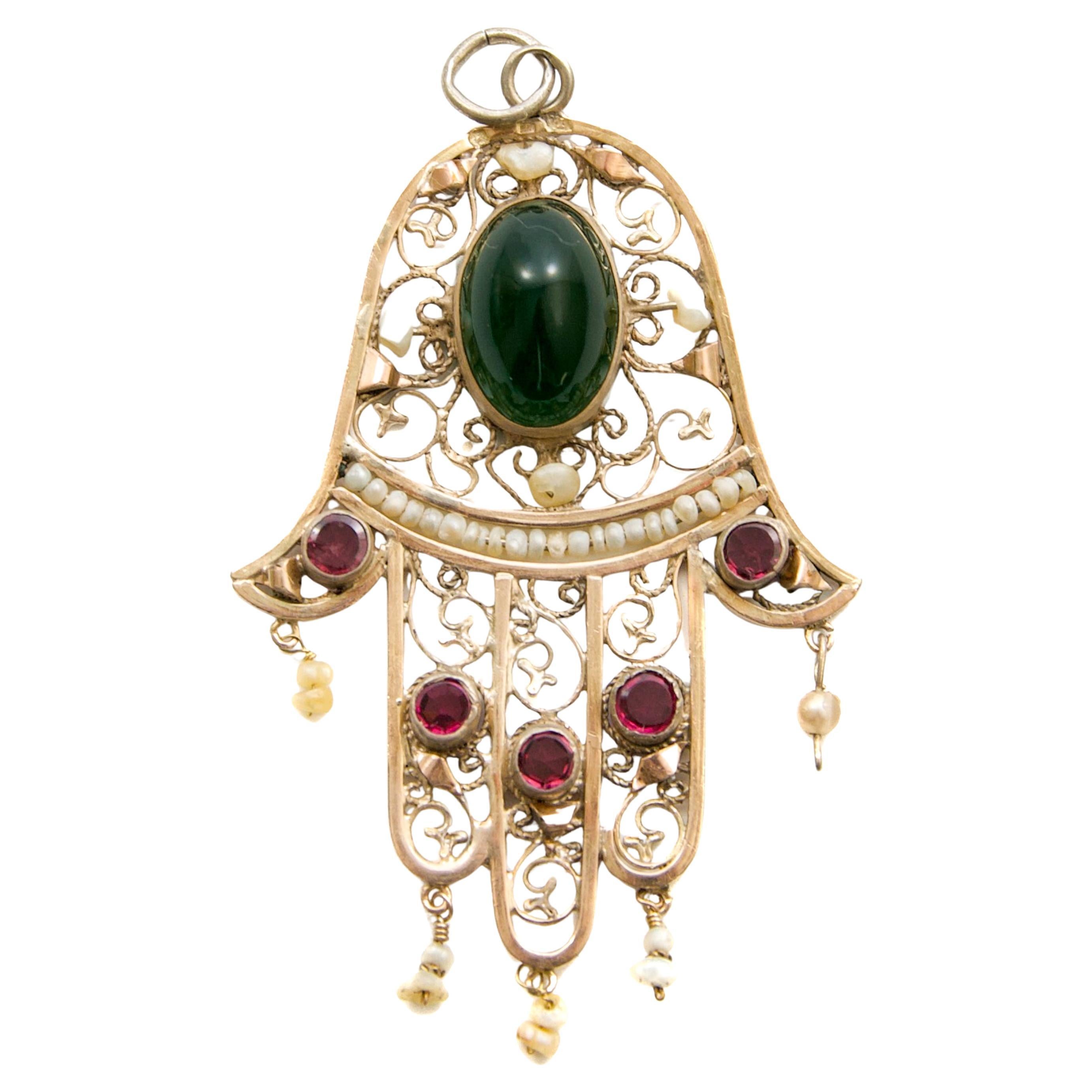 Antique Green Tourmaline Pearl and Ruby Silver Hamsa Hand Pendant