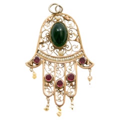 Antique Green Tourmaline Pearl and Ruby Silver Hamsa Hand Pendant