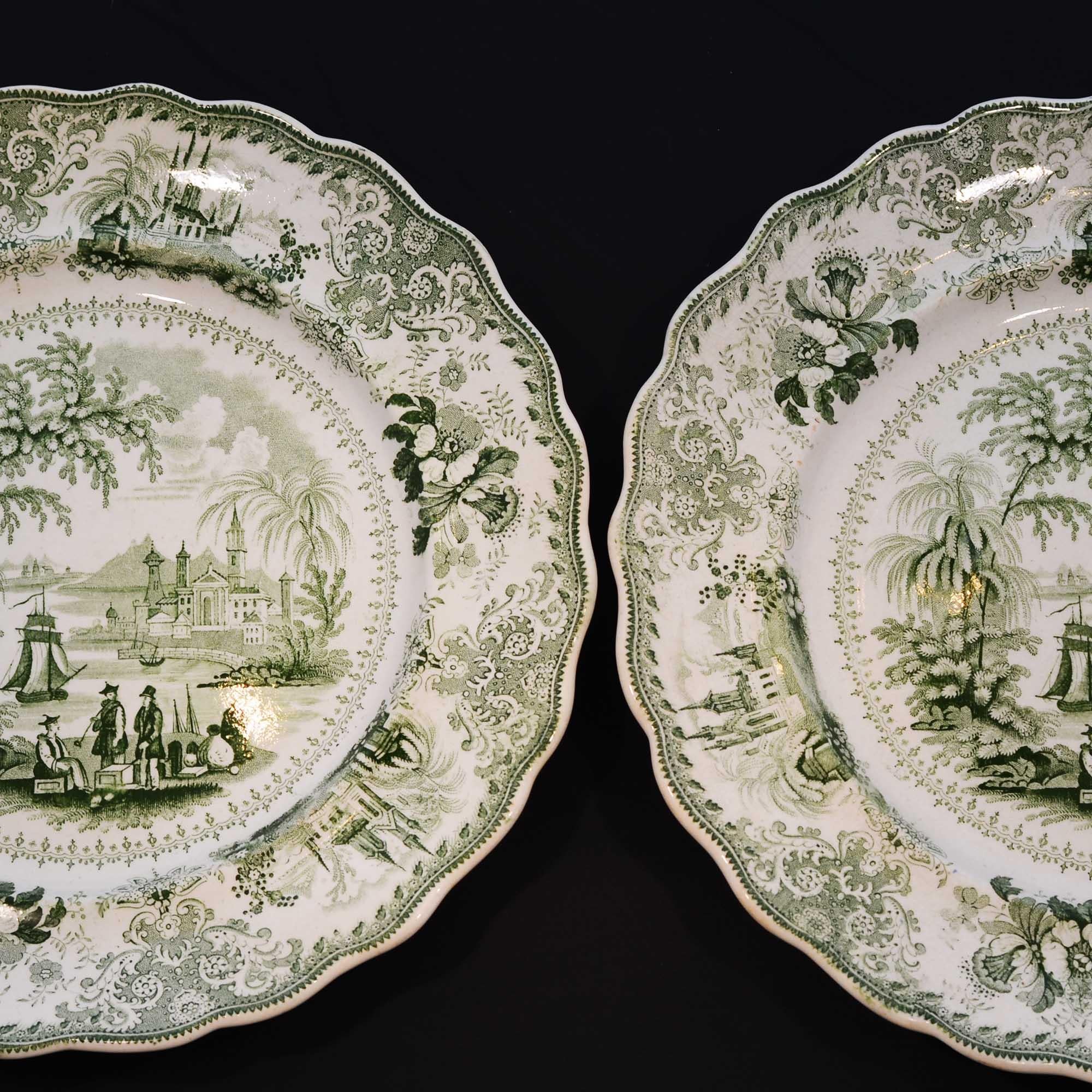 Lovely pair of green transferware plates. The scene is Commerce by Edward & George Phillips - northern Staffordshire pottery. The green is much more difficult to locate than the traditional blue pattern.