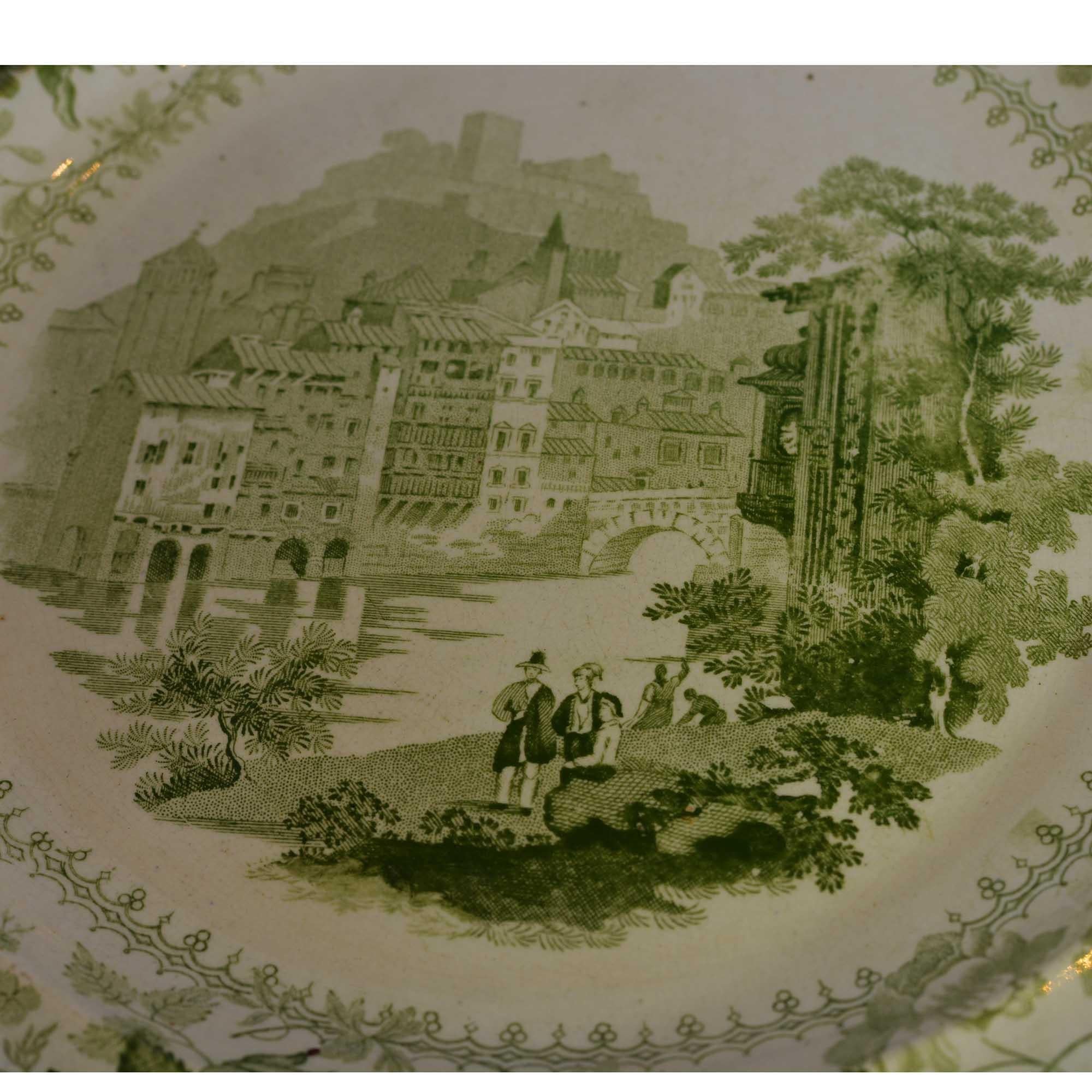 English Antique Green Transferware Dinner Plates Sicilian and Verona Patterns For Sale