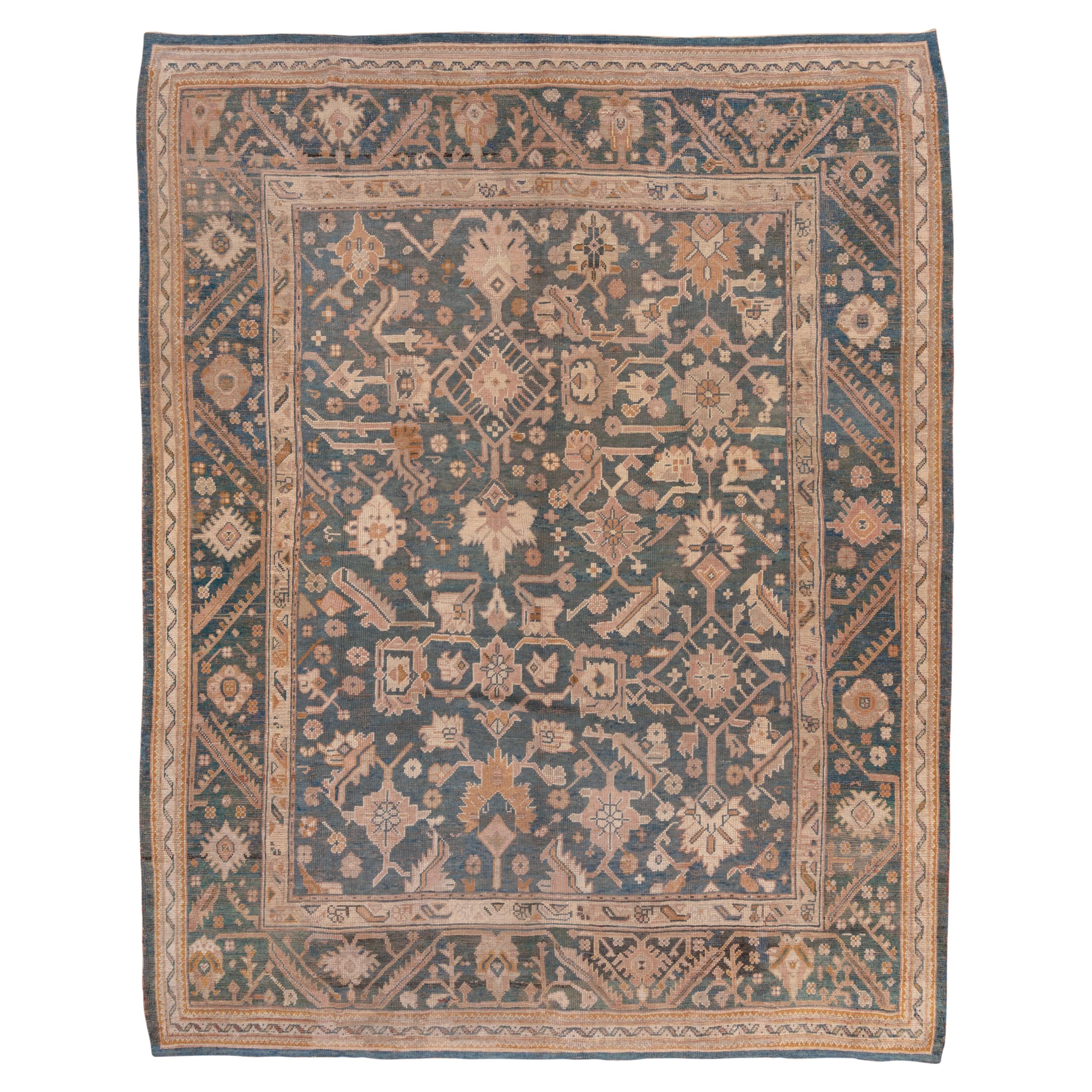 Antique Green Turkish Oushak Carpet, Allover Field, Green Palette For Sale