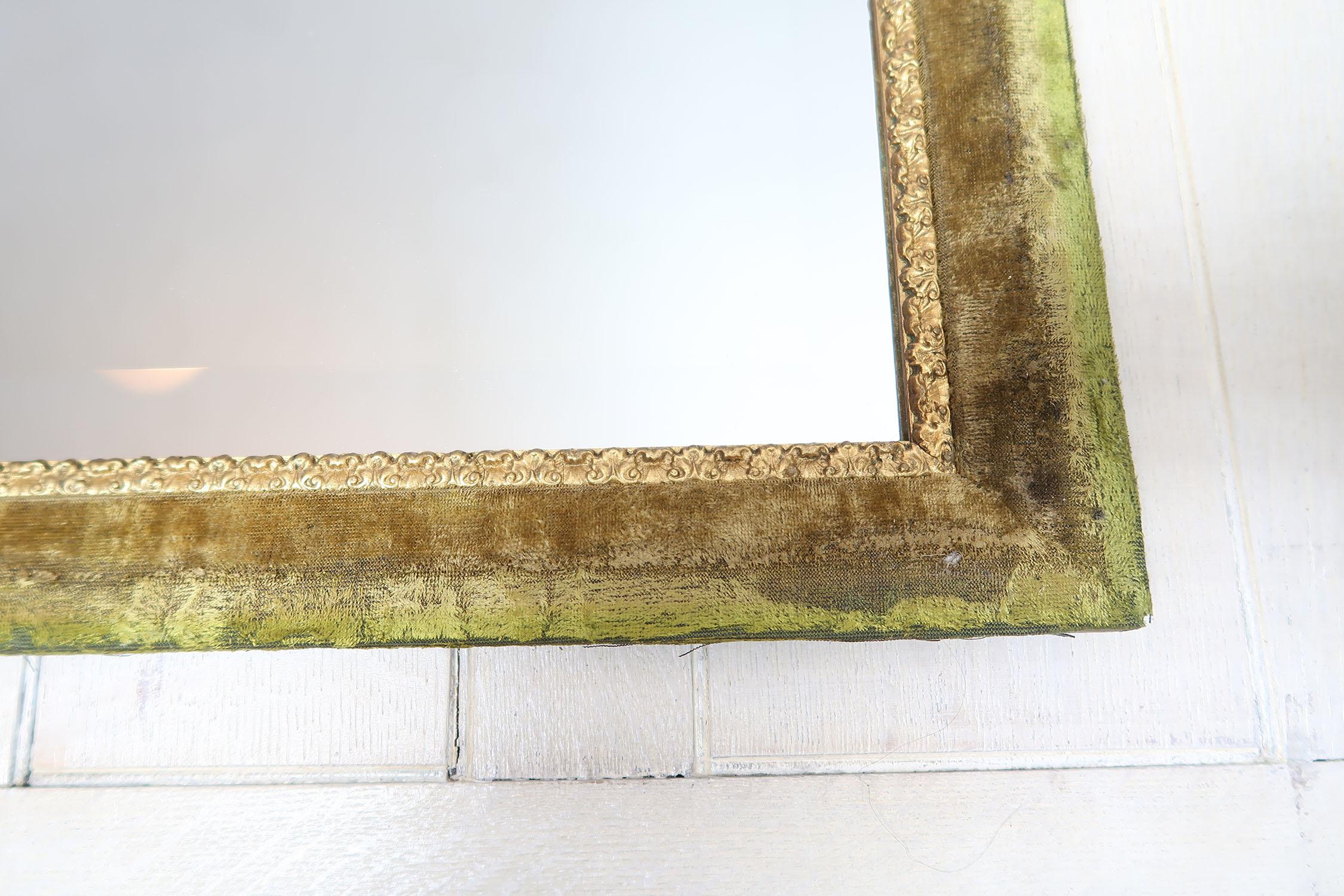 Renaissance Revival Antique Green Velvet and Parcel Gilt Wall Mirror For Sale