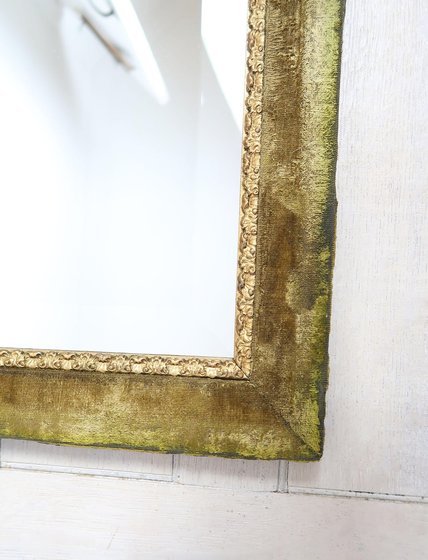 English Antique Green Velvet and Parcel Gilt Wall Mirror For Sale