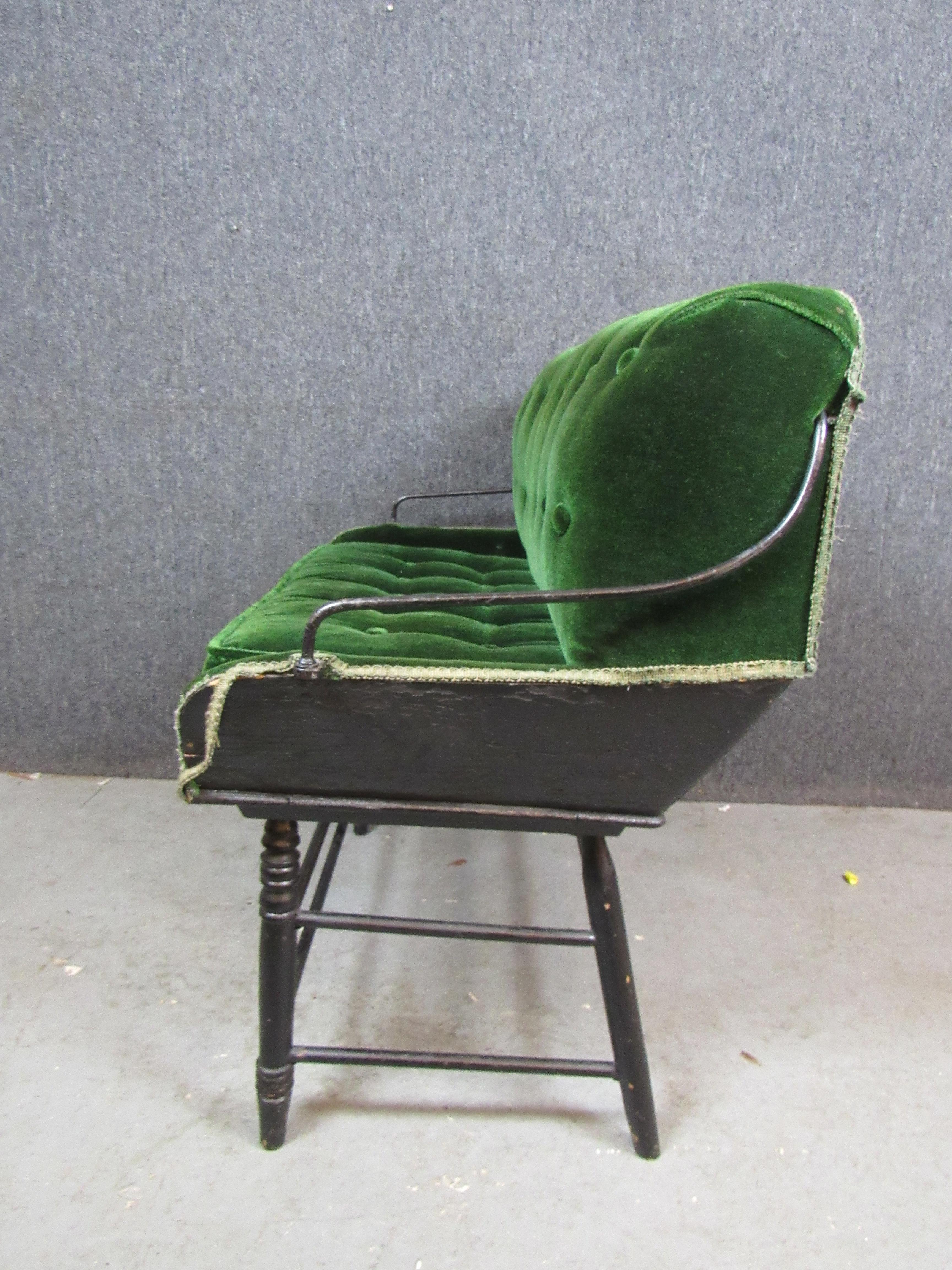 Antique Green Velvet Buggy Bench For Sale 4