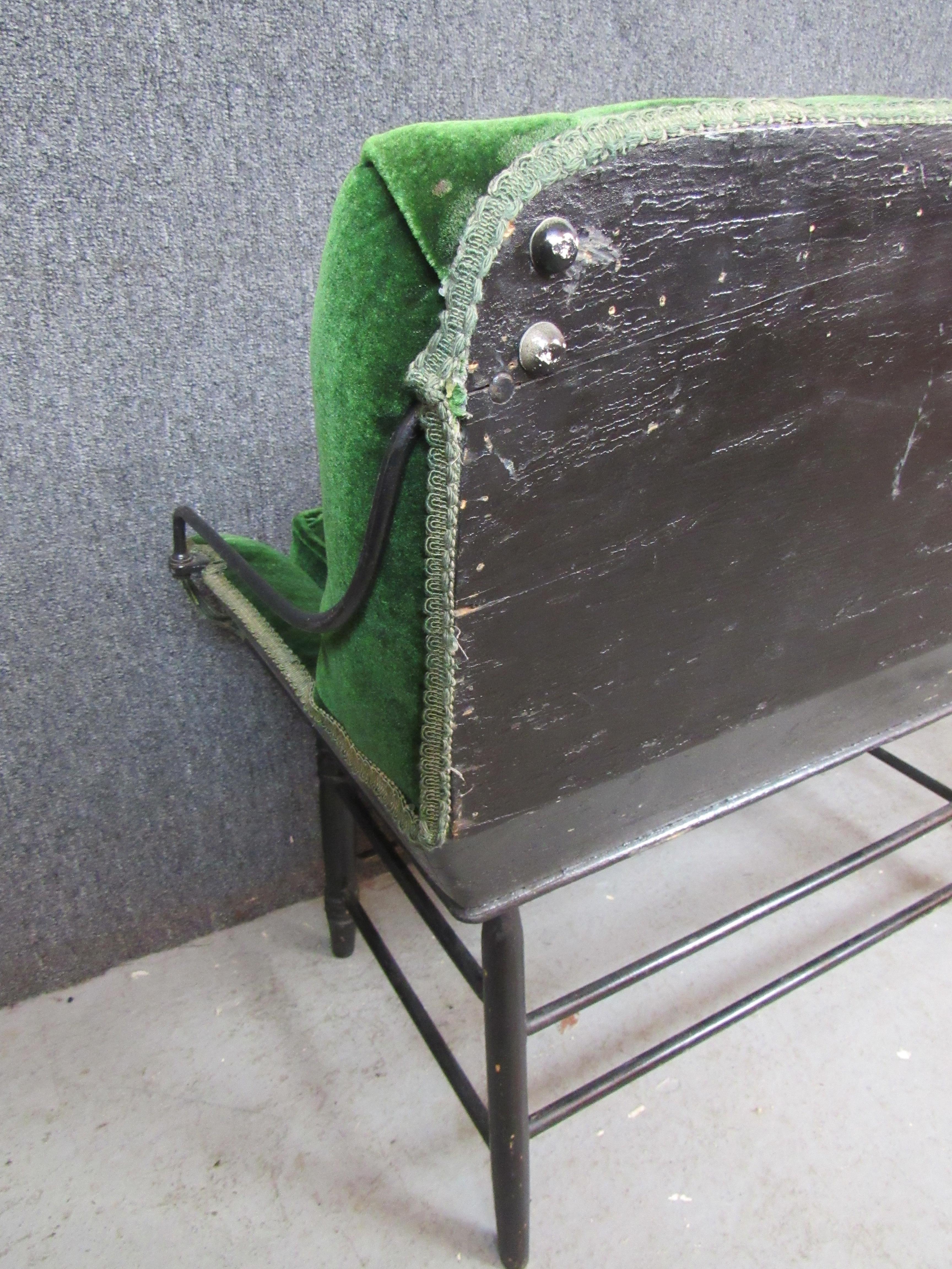 Antique Green Velvet Buggy Bench For Sale 7