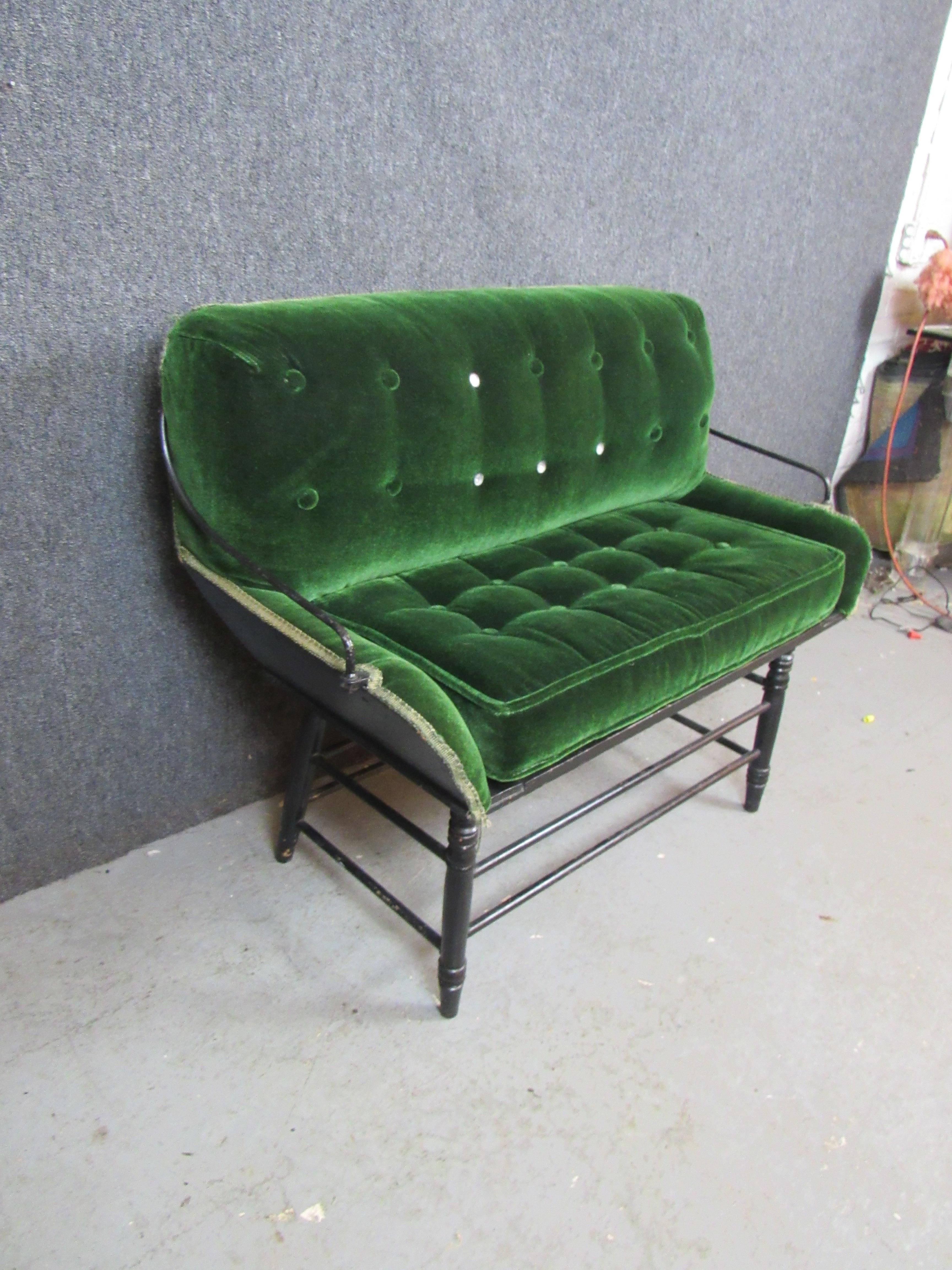 Edwardian Antique Green Velvet Buggy Bench For Sale