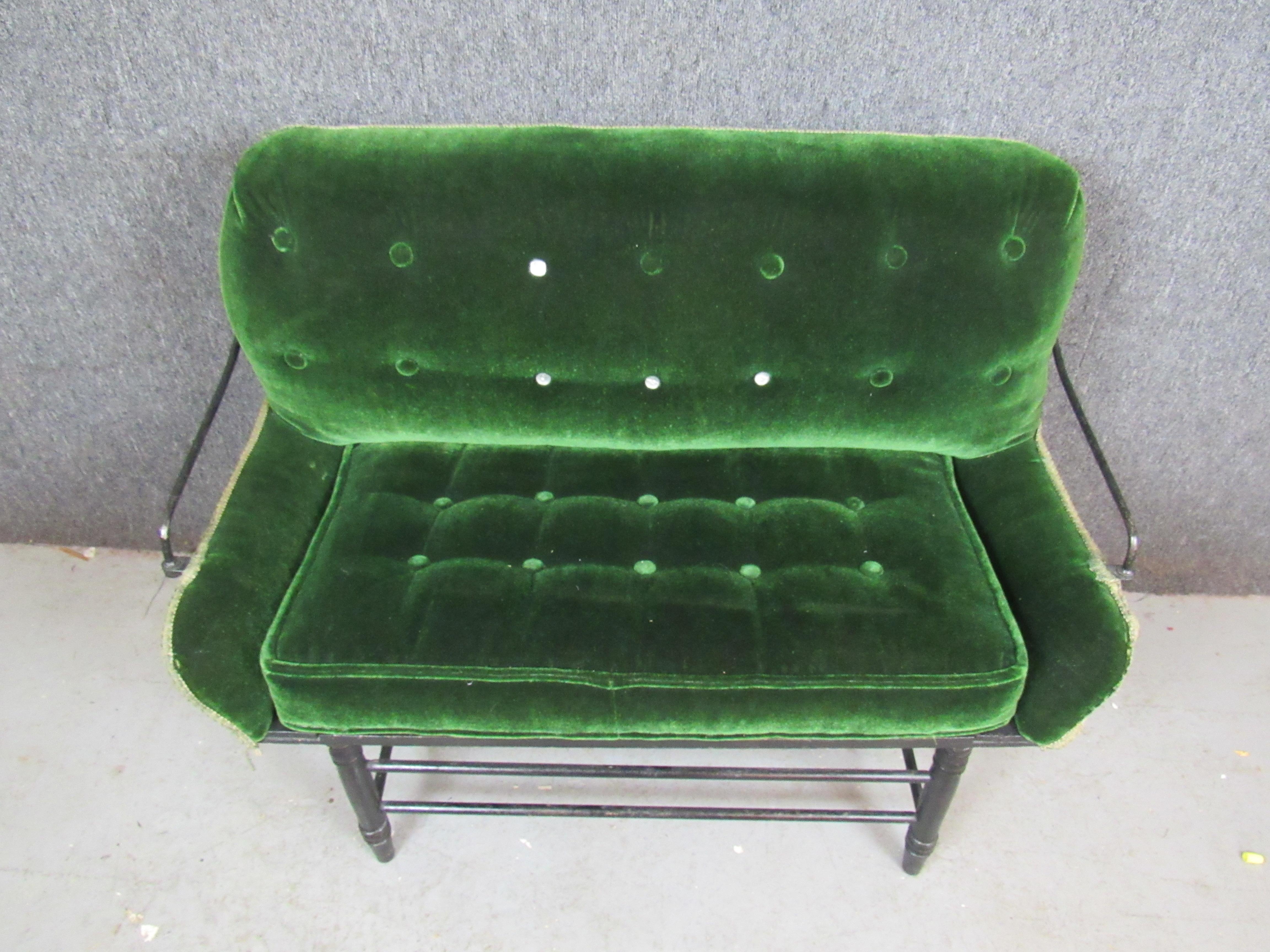 English Antique Green Velvet Buggy Bench For Sale