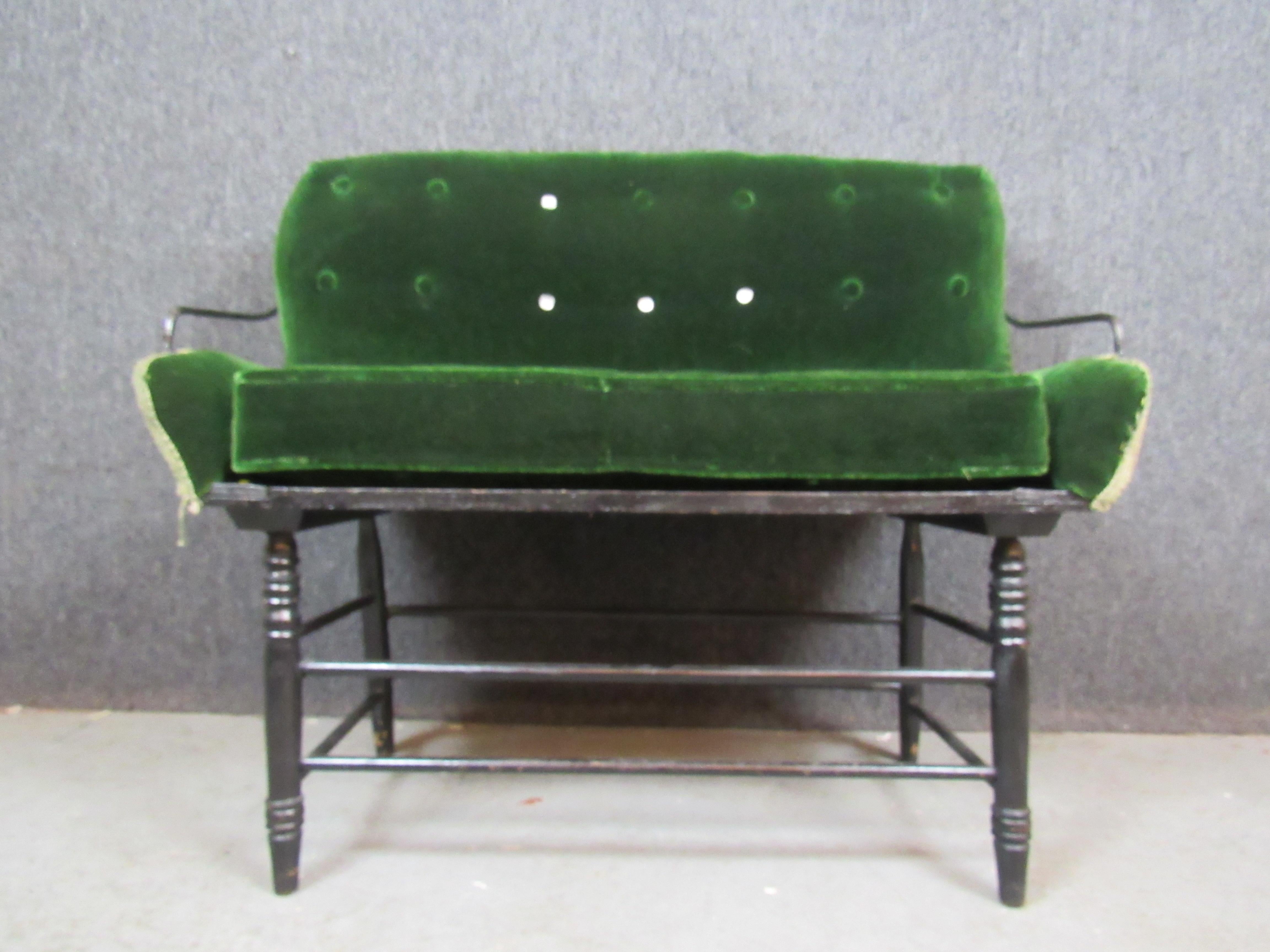 Ebonized Antique Green Velvet Buggy Bench For Sale