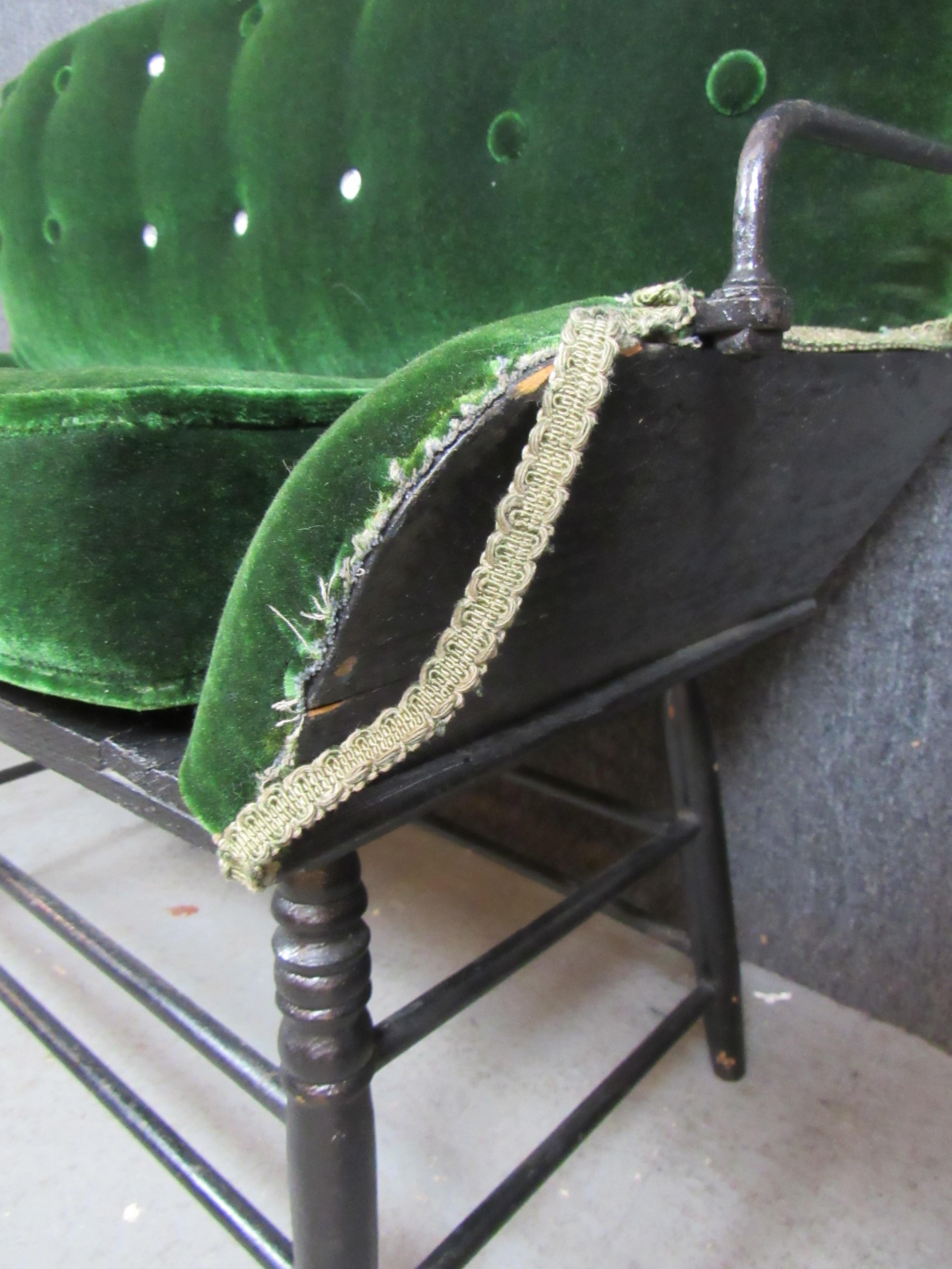 Upholstery Antique Green Velvet Buggy Bench For Sale