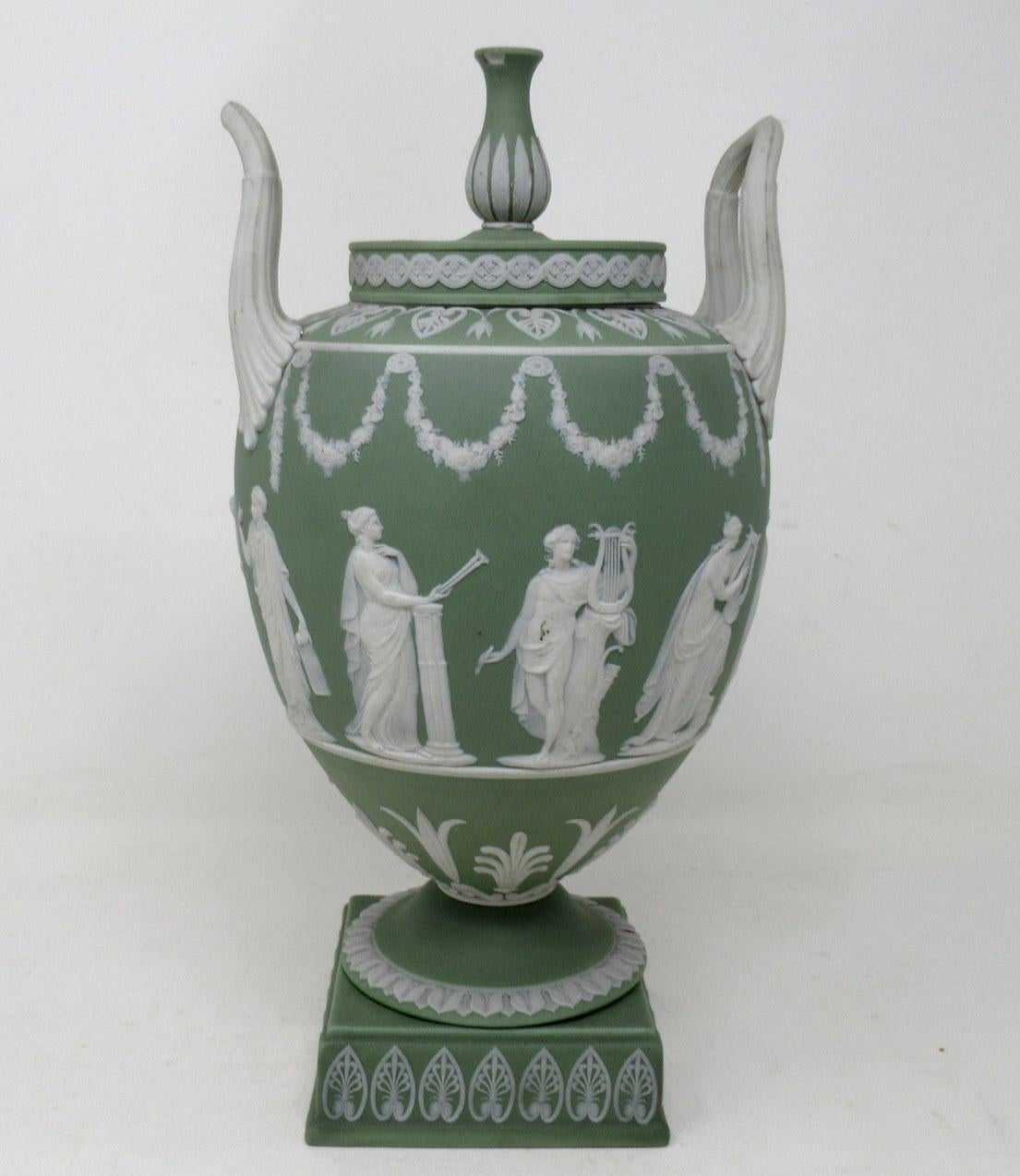 An Exquisite and quite rare English Staffordshire Wedgwood Jasperware sage green ground Vase of Amphora outline and generous proportions, after an earlier model by John Flaxman Junior. Third quarter of the Nineteenth Century. 

The arch ovoid body