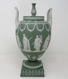 Antique Green Wedgwood Jasperware Ceramic Urn Vase After John Flaxman Cherubs