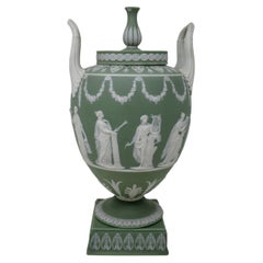 Antique Green Wedgwood Jasperware Ceramic Urn Vase After John Flaxman Cherubs