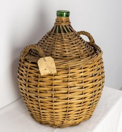 Antique Greenglass Bottle Demijohns or Carboy in Authentic Wicker Basket, France