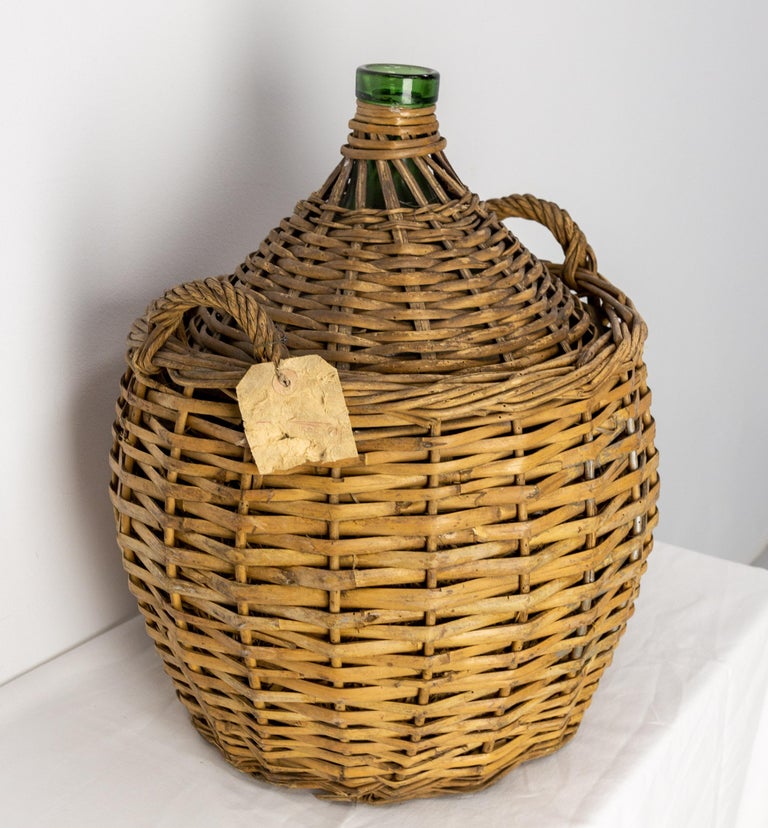 Antique Greenglass Bottle Demijohns or Carboy in Authentic Wicker