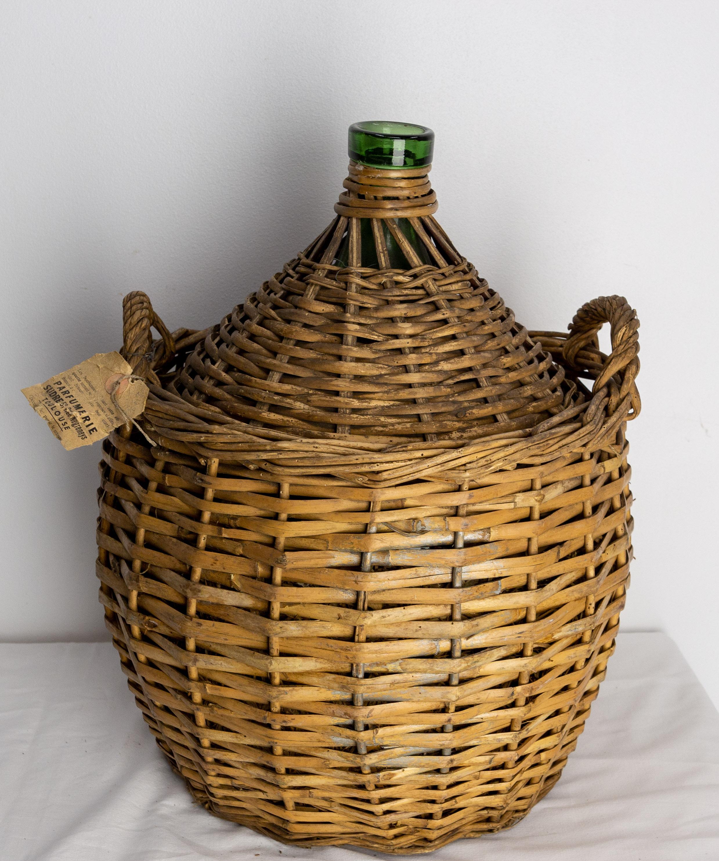 Antique Greenglass Bottle Demijohns or Carboy in Authentic Wicker Basket, France For Sale 1