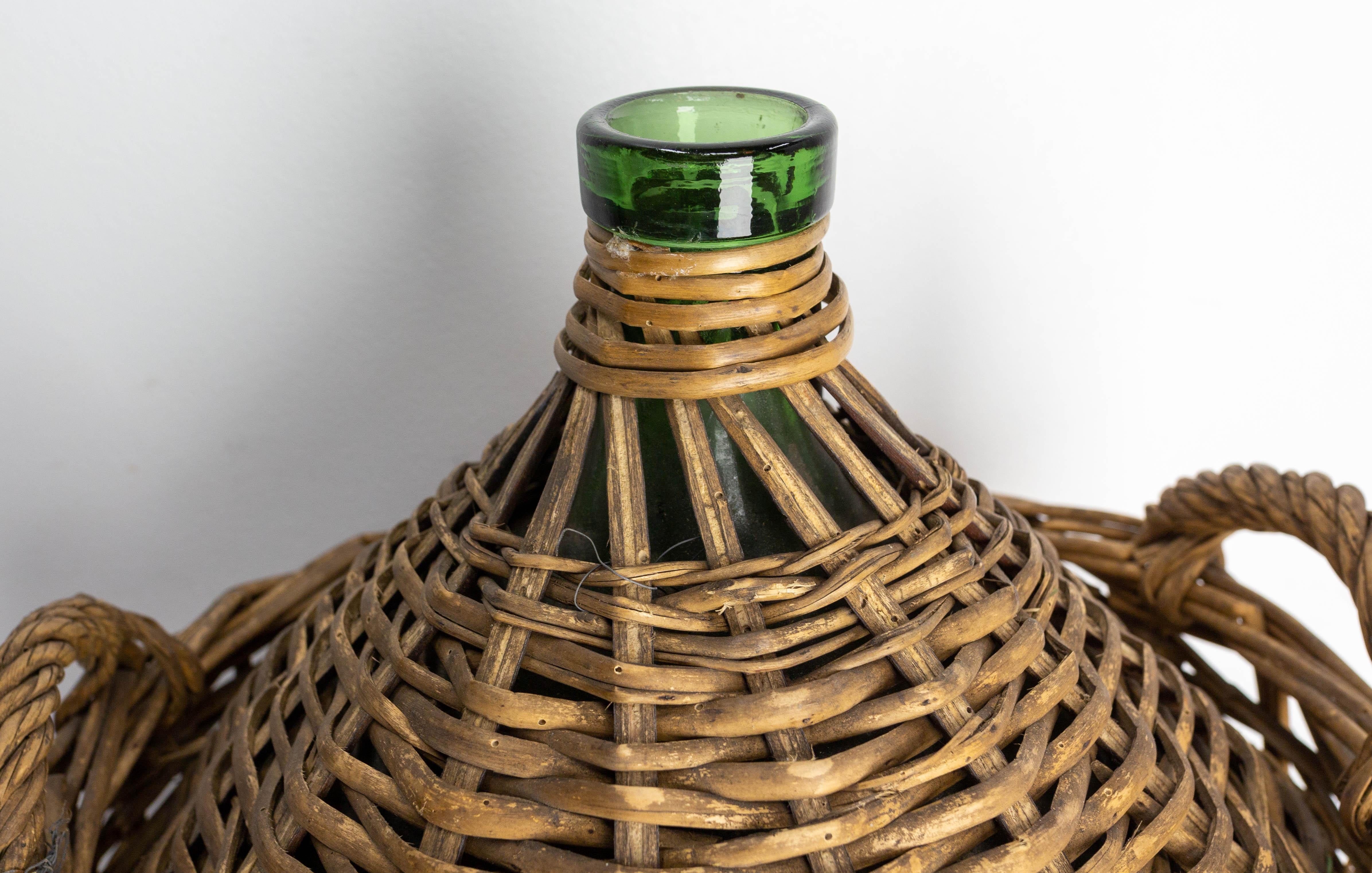 Antique Greenglass Bottle Demijohns or Carboy in Authentic Wicker Basket, France For Sale 3