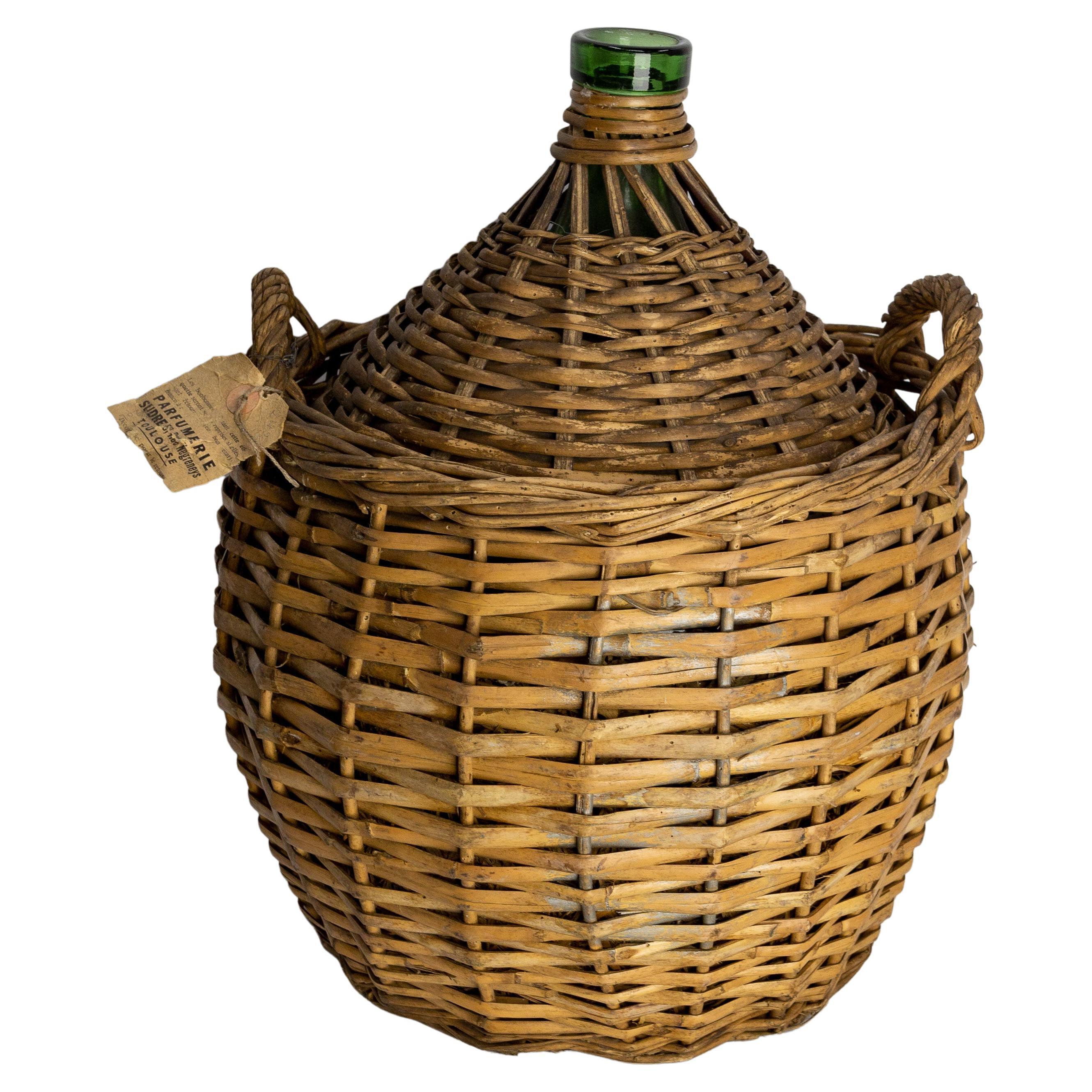 Antique Greenglass Bottle Demijohns or Carboy in Authentic Wicker Basket, France For Sale