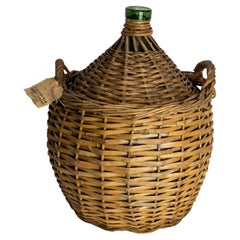 Vintage Greenglass Bottle Demijohns or Carboy in Authentic Wicker Basket, France