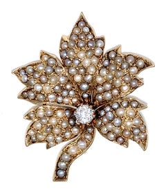 Antique Grey and White Oriental Pearls Gold Diamond Wine Leaf Pendant Brooch