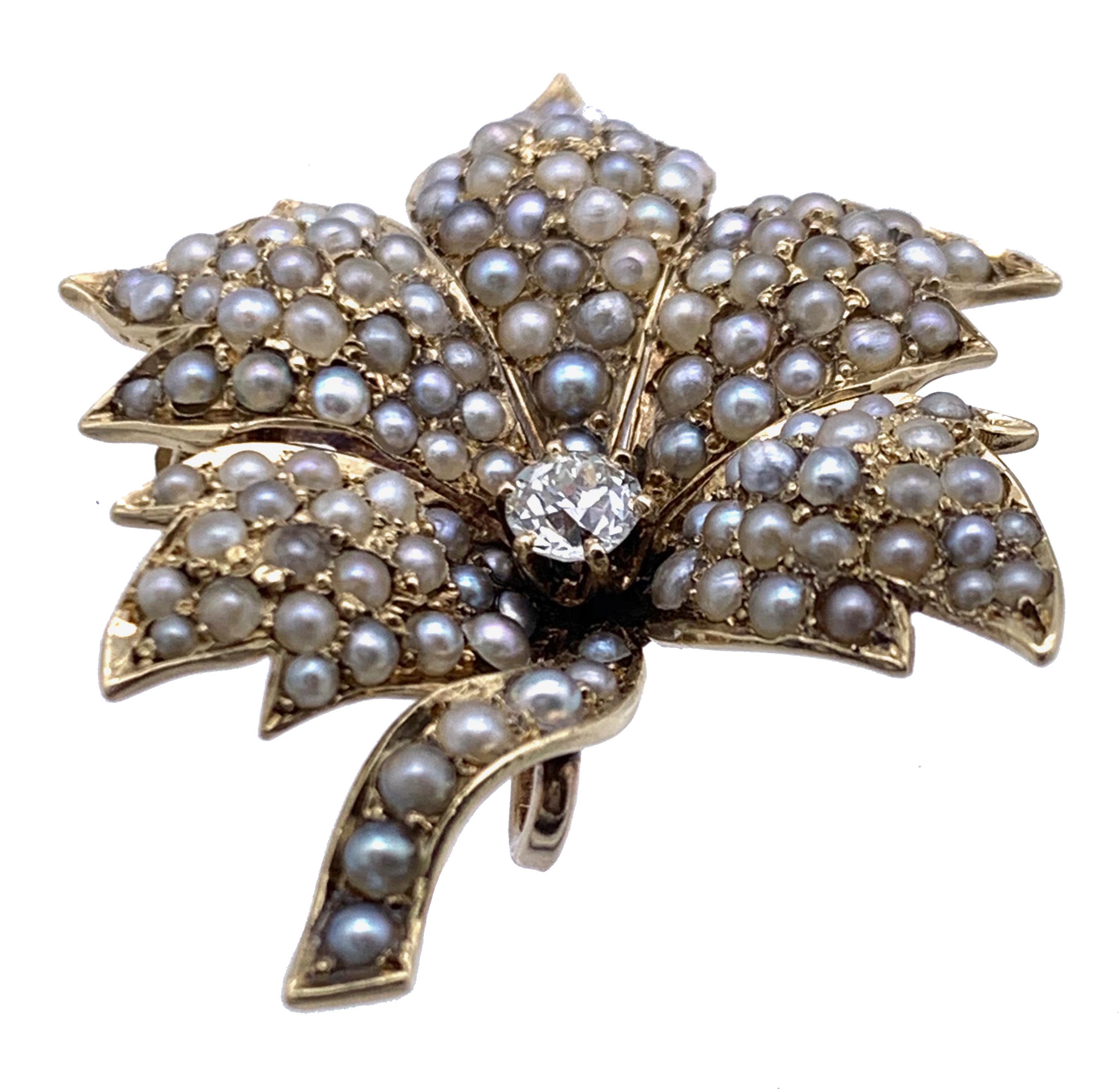 Antique Grey and White Oriental Pearls Gold Diamond Wine Leaf Pendant Brooch For Sale 2