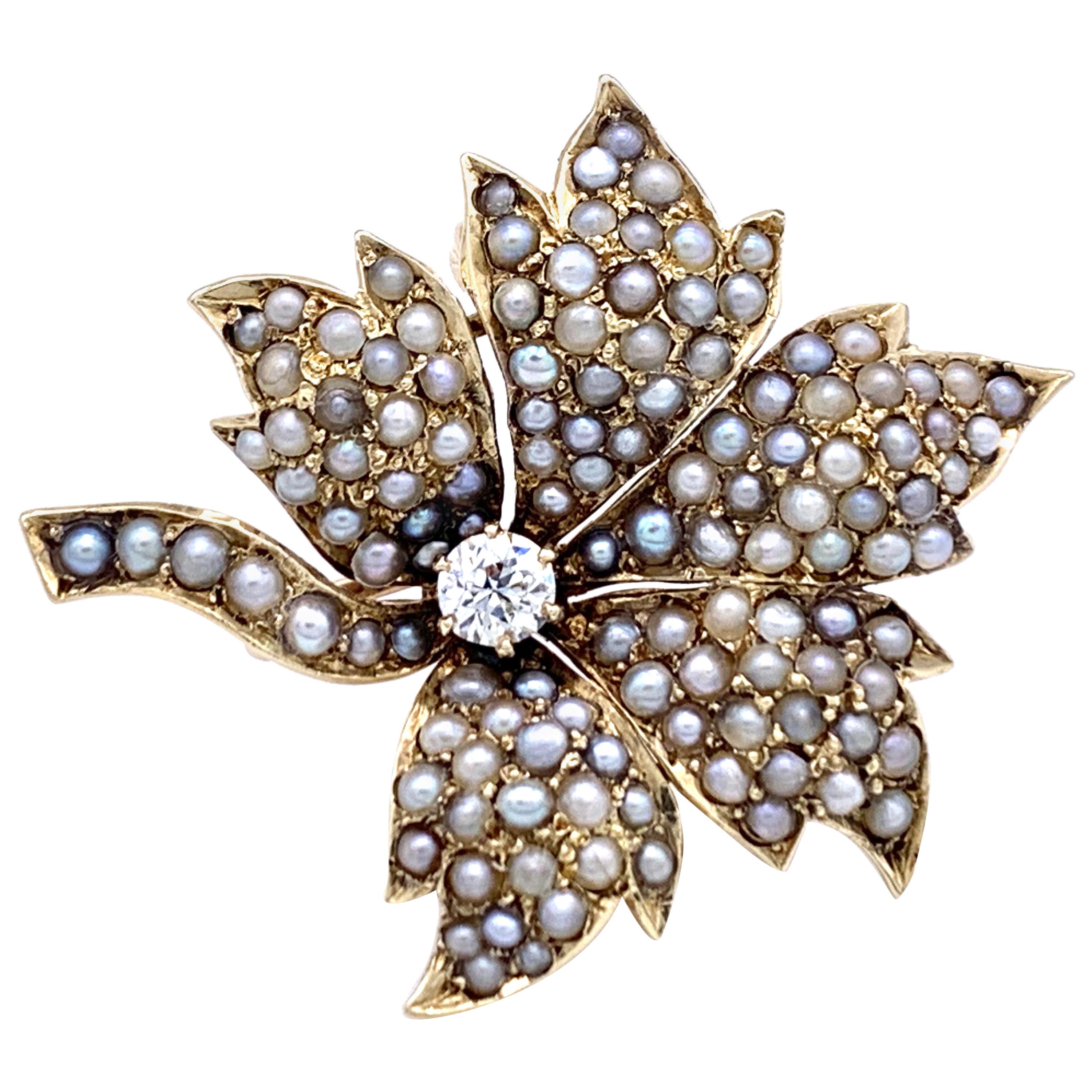 Broche pendentif ancienne feuille de vin en or, diamants et perles orientales grises et blanches