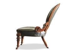 Antique English Regency Leather & Walnut Library Chair With Carved Motifs