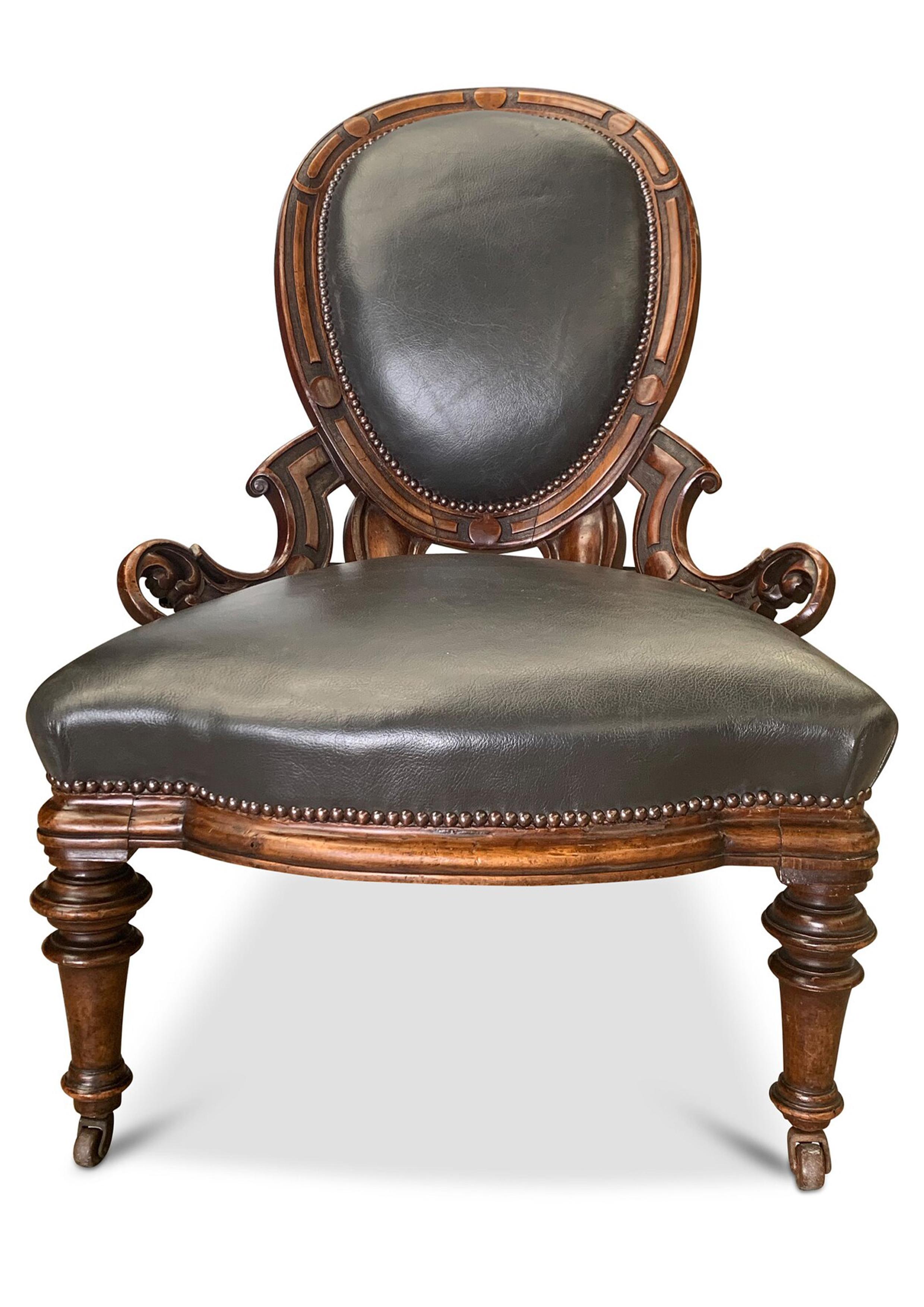 Regency Antique Grey Leather & Walnut Library Chair With Carved Motifs with Brass Studs For Sale
