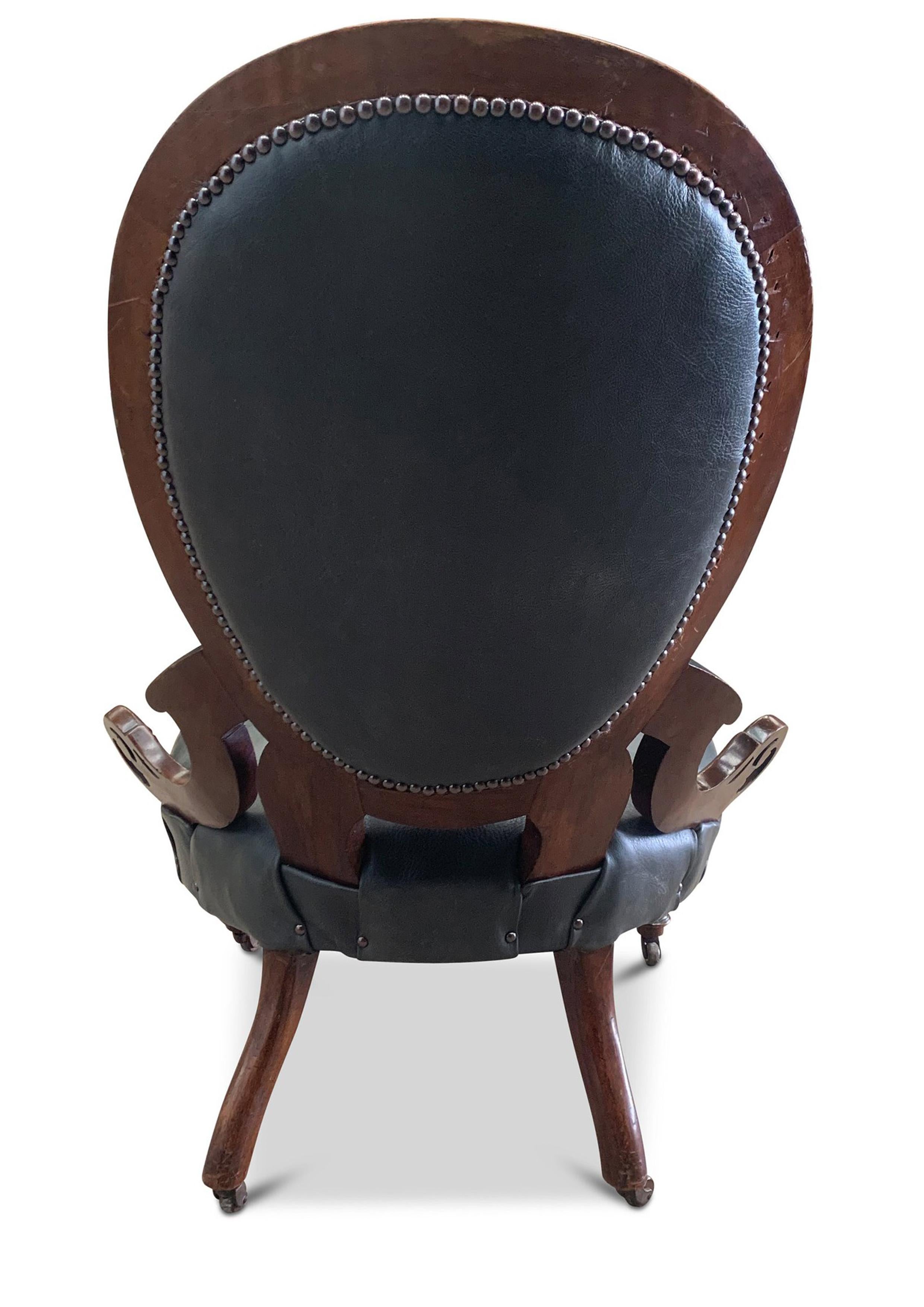 Antique Grey Leather and Walnut Library Chair With Carved Motifs with ...