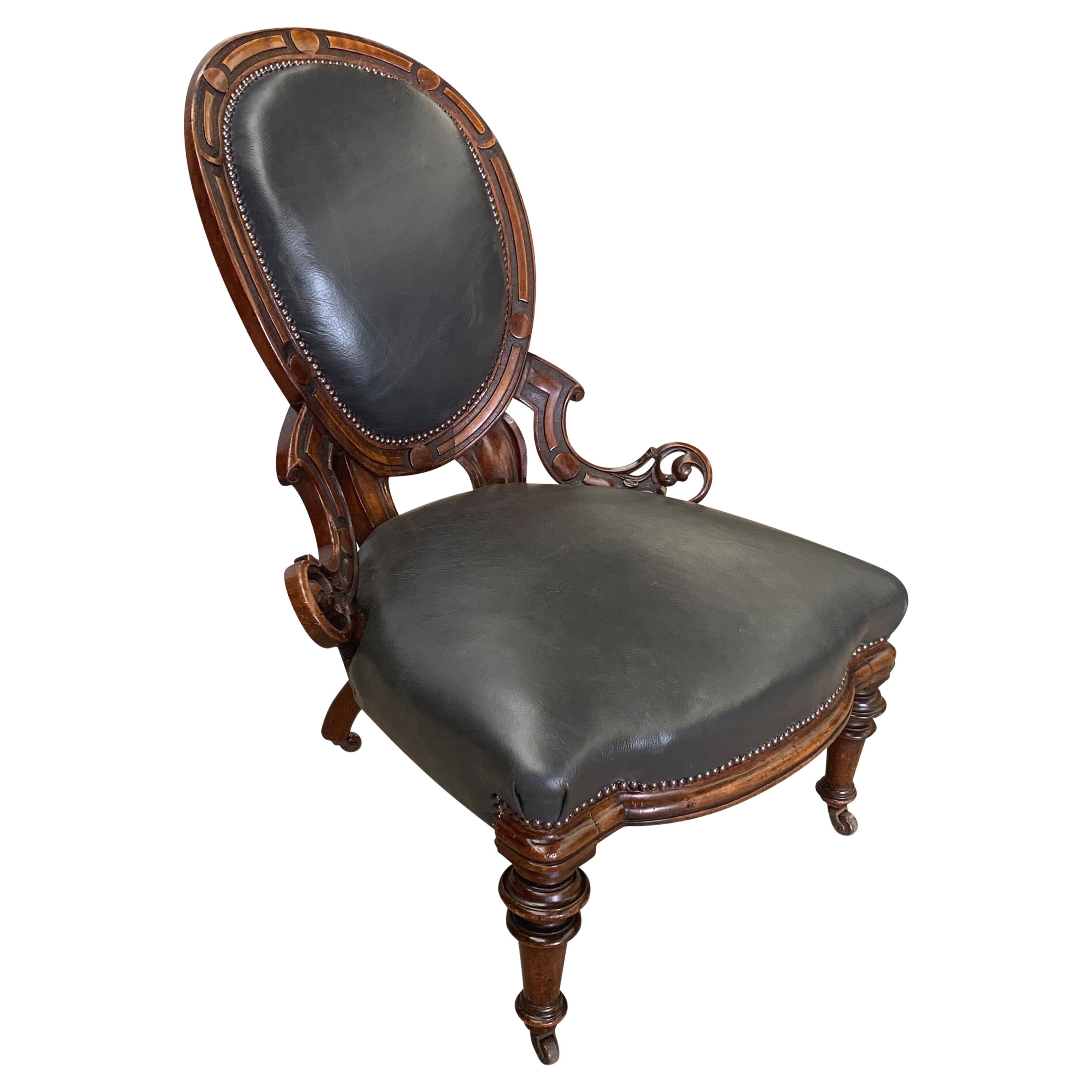 Antique Grey Leather & Walnut Library Chair With Carved Motifs with Brass Studs For Sale