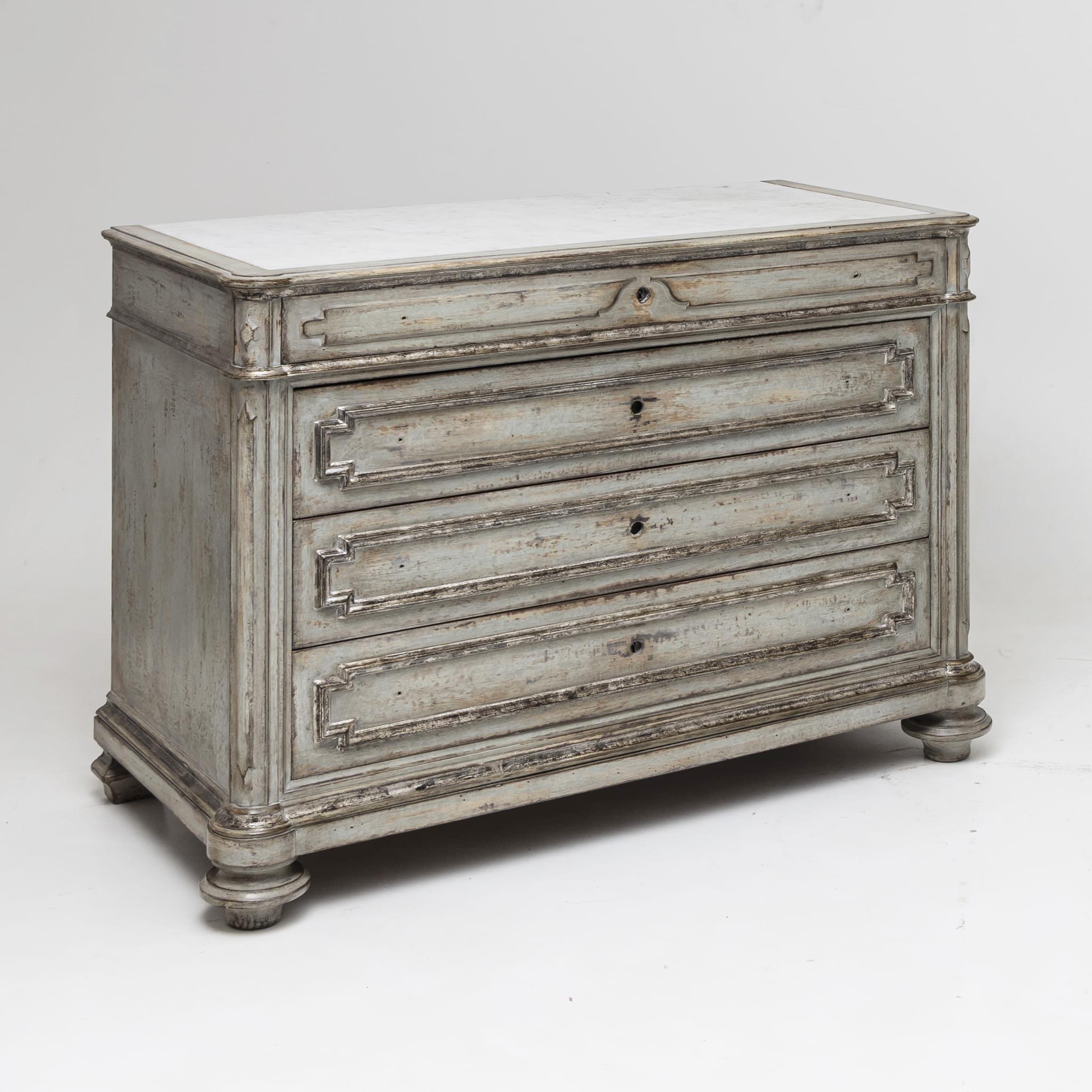 European Antique Grey painted Pair of Chests of Drawers with Marble Tops, 19th Century